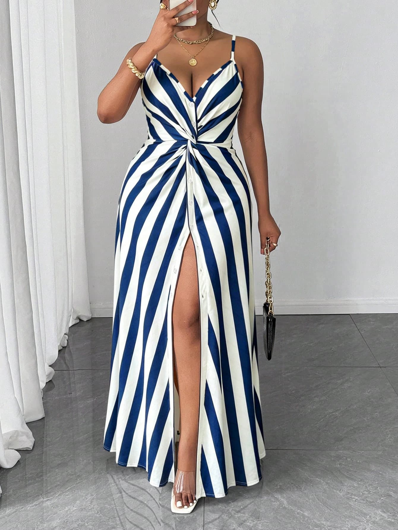 Maweii Plus Size Women's Blue And White Striped Elegant Casual Party Backless Striped Summer New Dress