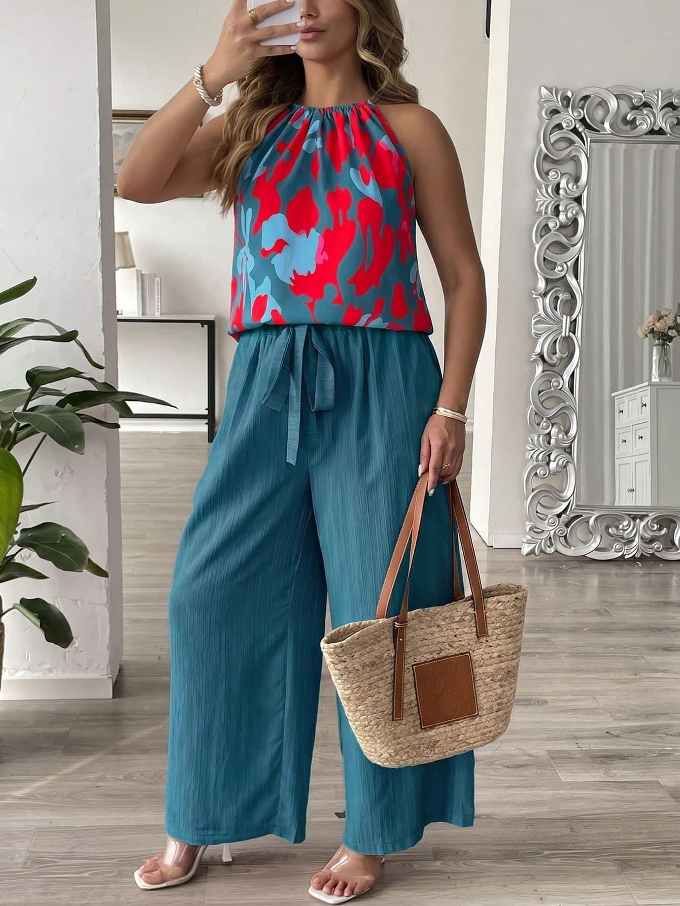 SHEIN Clasi Plus Size Women's Fashionable Elegant Casual And Lively Spaghetti Strap Jumpsuit, Spring/Summer Vacation Teal