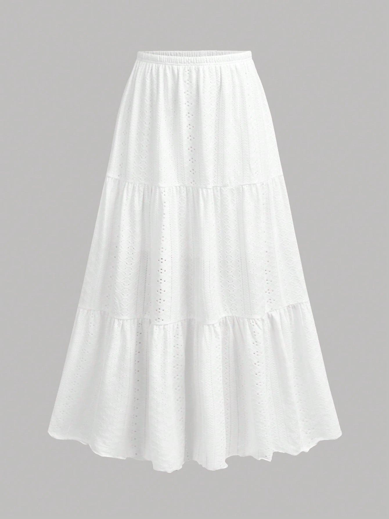 Girlism Kids Teen Girls White Textured Knit Pleated A-Line Skirt With Lining, Bohemian Ruffle Hem Long Skirt For Summer Holiday Vacation, Confirmation Wear