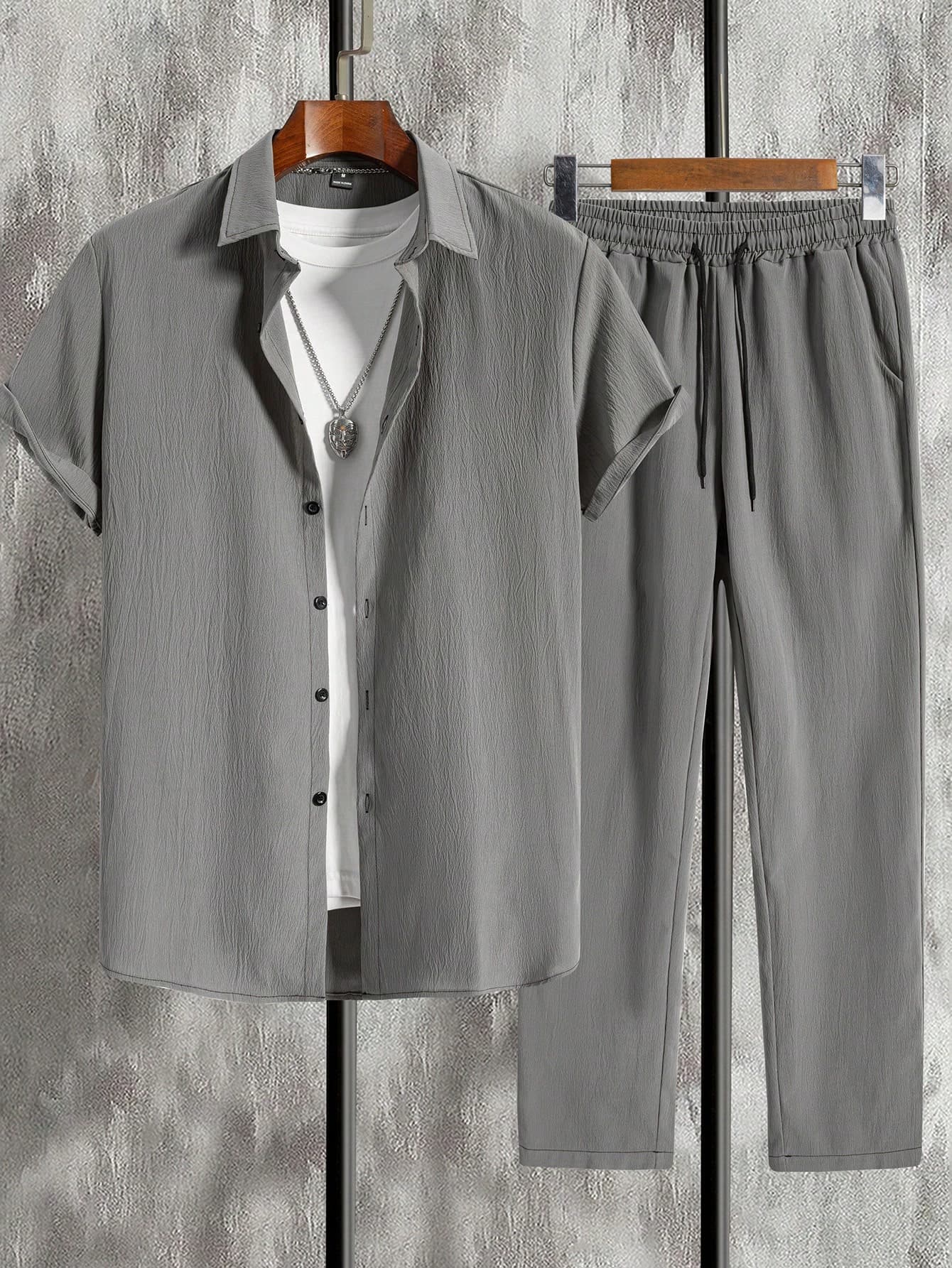 Manfinity Homme 2pcs Men's Casual Solid Color Short Sleeve Shirt And Pants Set, Cozy Outfits, Formal