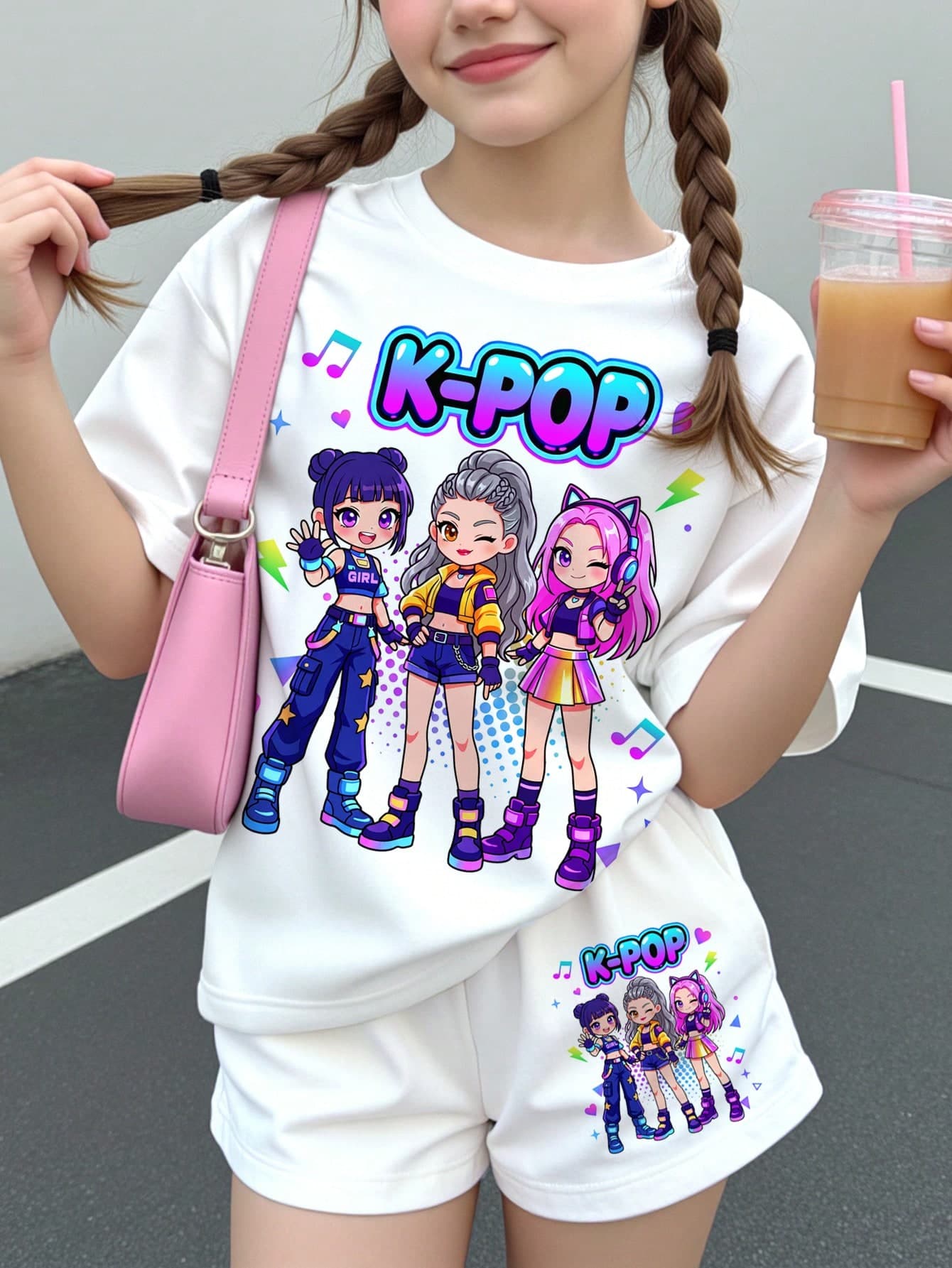 Young Girl Casual Simple Cartoon Girl Portrait, K-Pop Superstars , Cartoon Girl Group Print Pattern, Cream White, Short Sleeve T-Shirt And Shorts 2-Piece Set Suitable For Summer