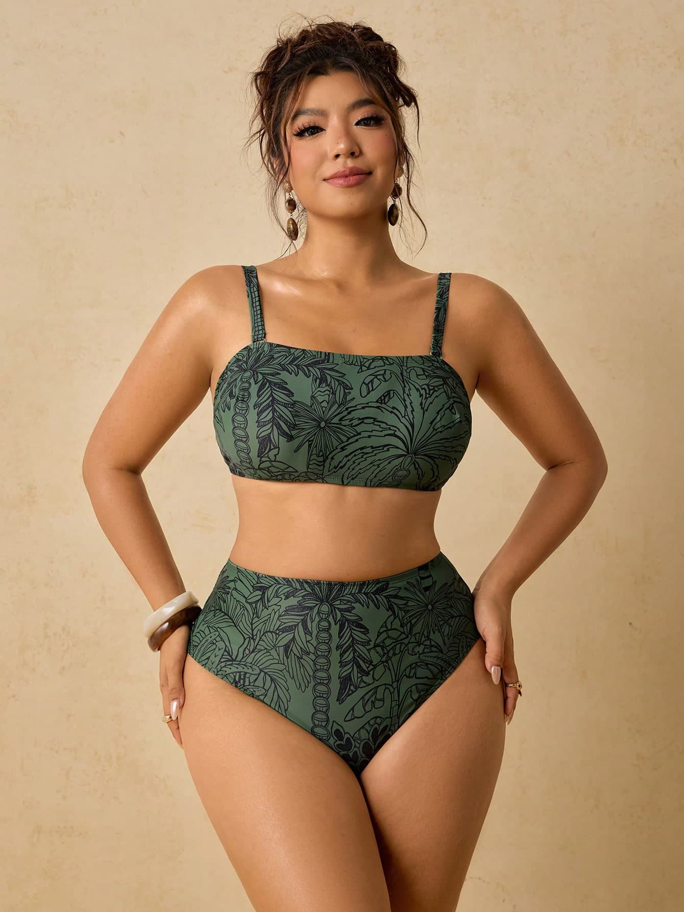 Travachic Plus Size Women'S Printed Swimwear Set, Bandeau Tie Bow Swimwear Top Bathing Suits For Women Swimsuits For Woman