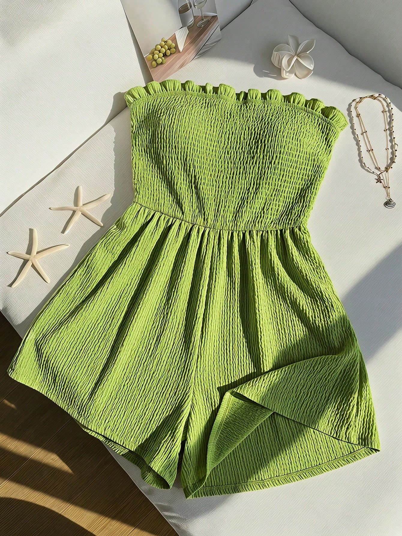 Comfortcana Plus Size Women's Avocado Green Ruffle Trim Bandeau Romper,Boho Summer Beach Holiday Casual Solid Tummy Control Bathing Suit Two Piece Set Swimsuit