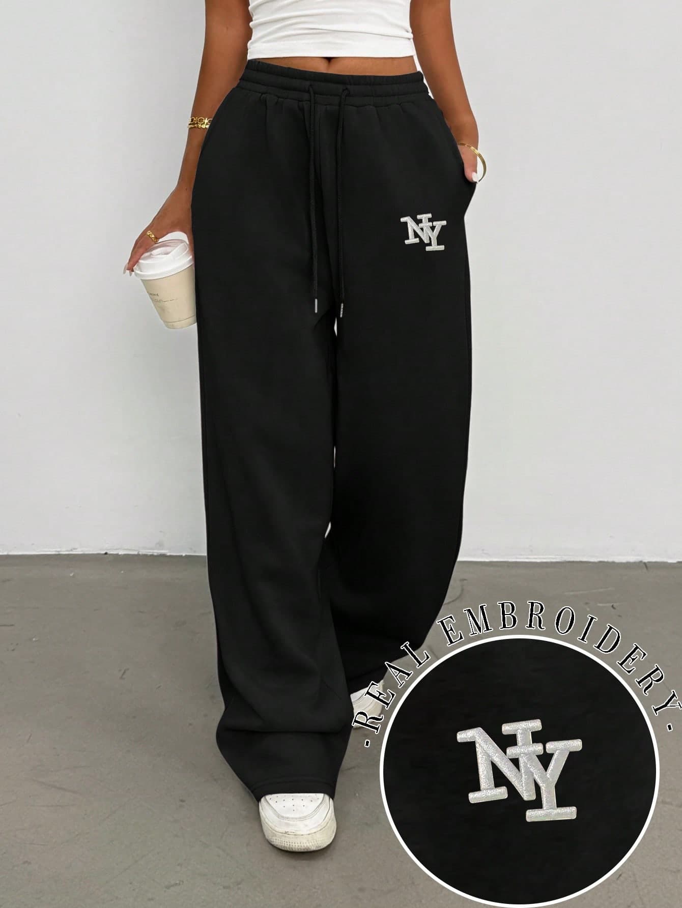 SHEIN Women's NY Letter Embroidered Straight Loose Long Casual Pants,Black And White Sweatpants For Winter Athleisure School Back-To-School Comfort Design