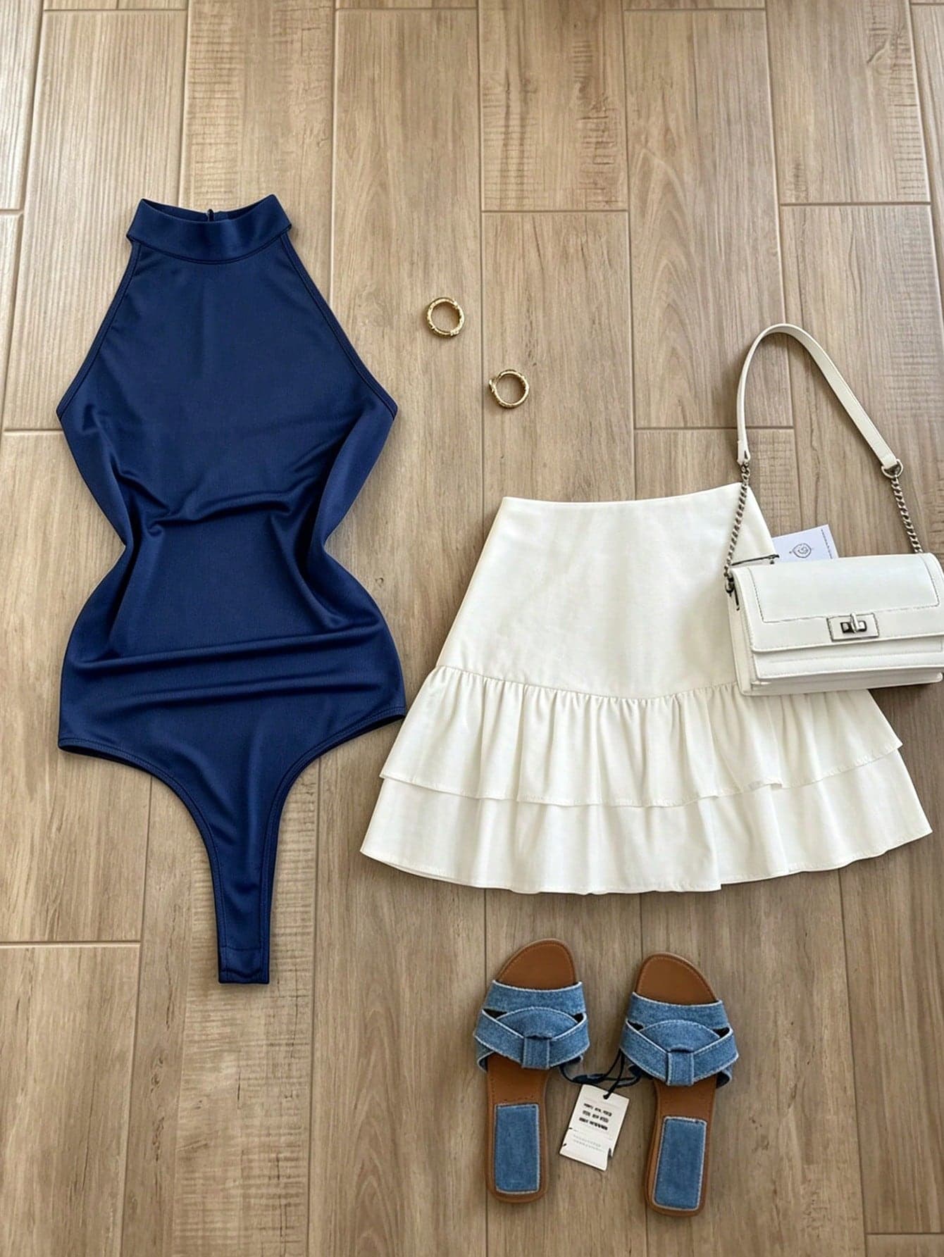 INAWLY Women's Solid Color Comfortable Jumpsuit With White Mini Skirt Set