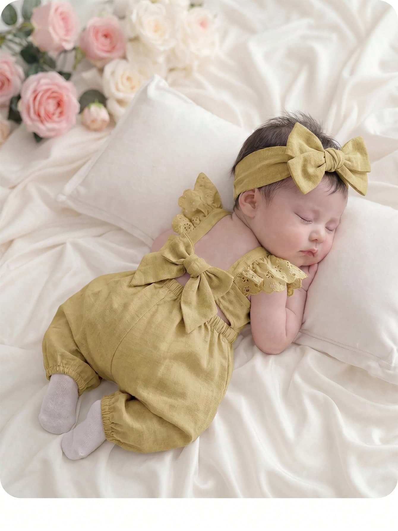 Newborn Baby Girl Cute Casual Versatile Bow Tie Cap Sleeve Jumpsuit