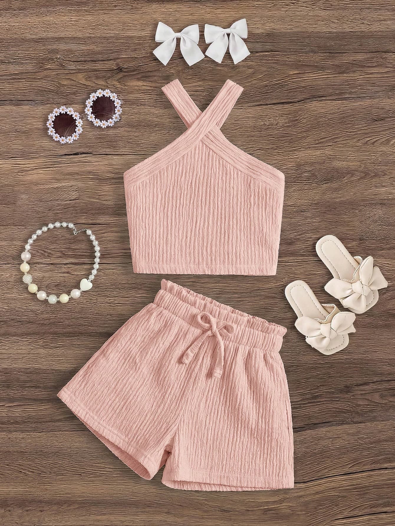 SHEIN 2pcs Young Girl Knitted Solid Color Sleeveless Top And Shorts Set