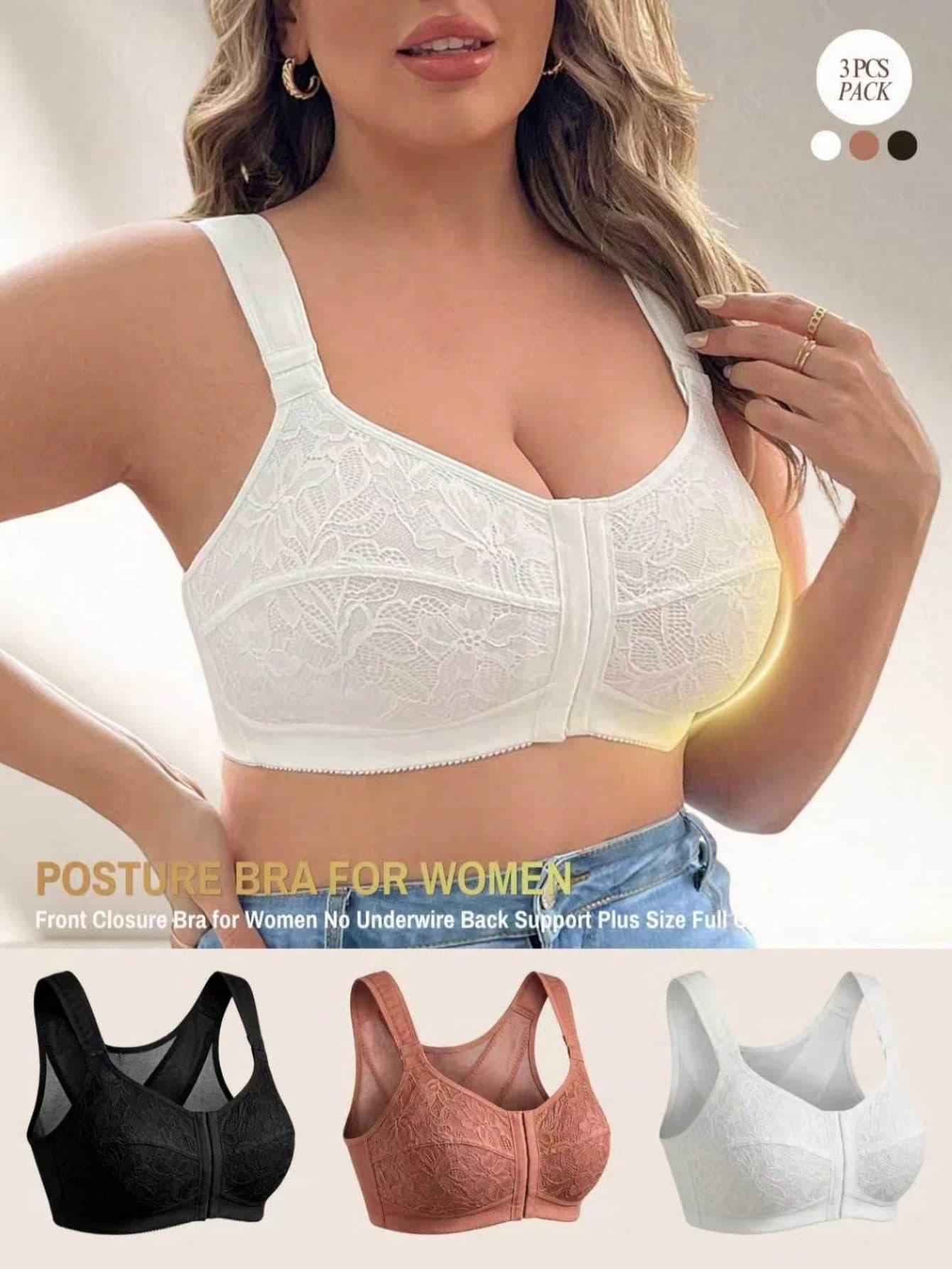 SHEIN Dreamy Elegant Lace Patchwork, Comfortable Soft Shoulder Straps, Adjustable Front Shoulder Strap Buckle, Plus Size Women's Front Closure Bra 3pcs Set