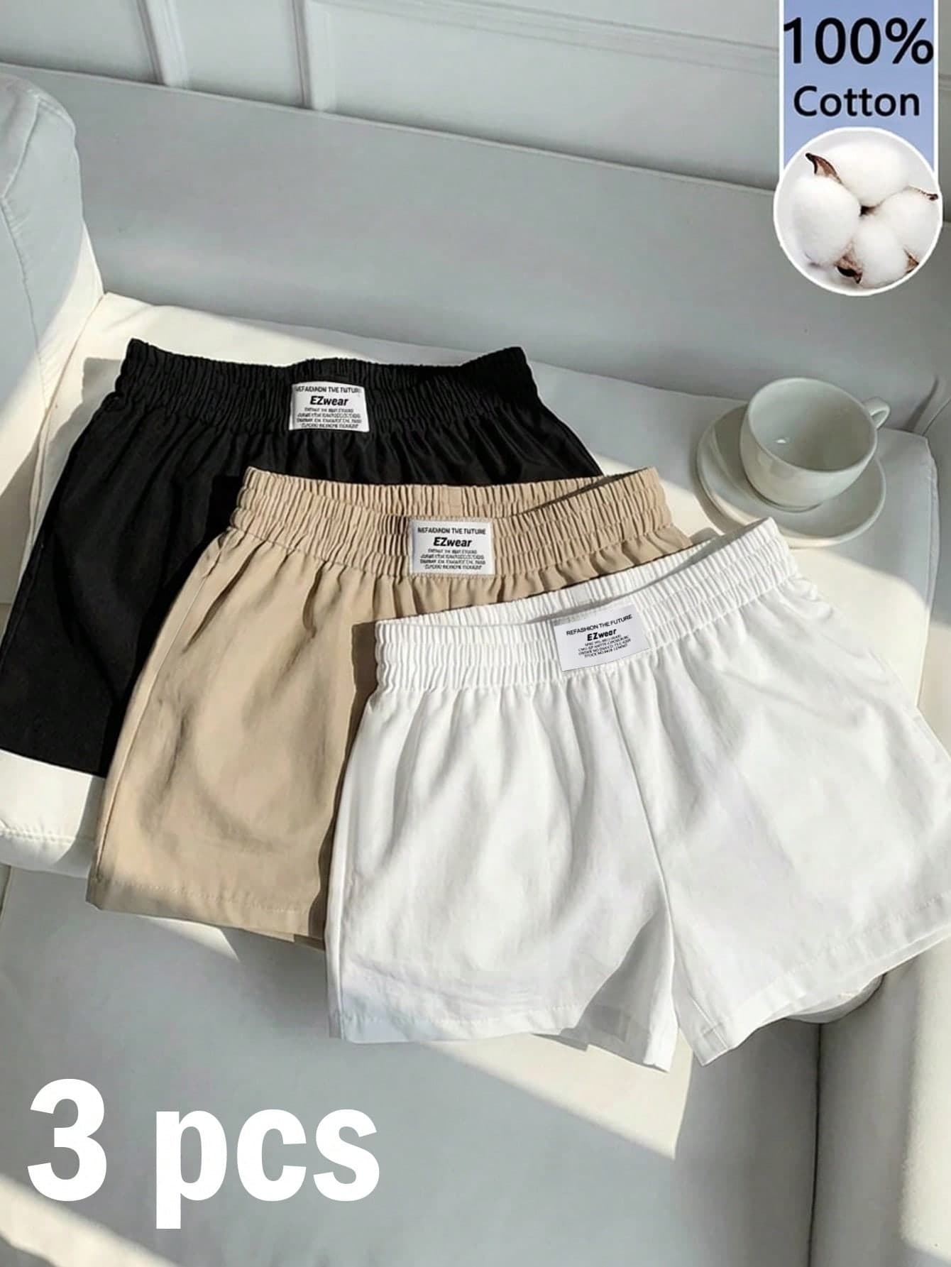Comfortcana 3pcs 100% Cotton Women's Casual Short-Length Shorts Pack,White And Black,Summer,Home Comfortable Woven Fabric Everyday Shorts For Sports,Gym & Street