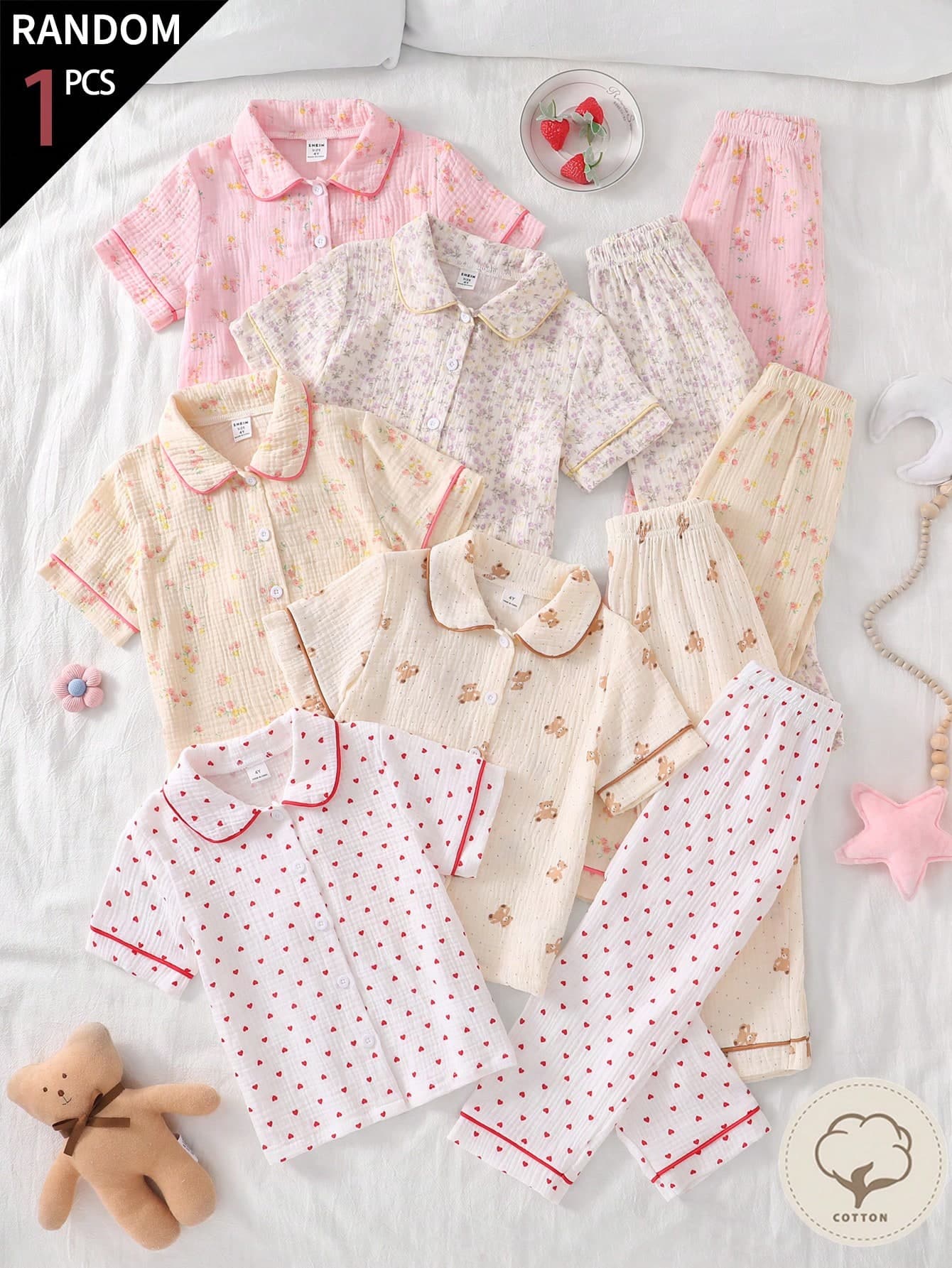 SHEIN 4pcs/Set Girls' Sleepwear Set, Featuring Classic Collar Design, Contrast Trim, And Playful Prints Like Floral, Bear, Bow, Strawberry, Rabbit, Surprise Blind Box Random Assortment