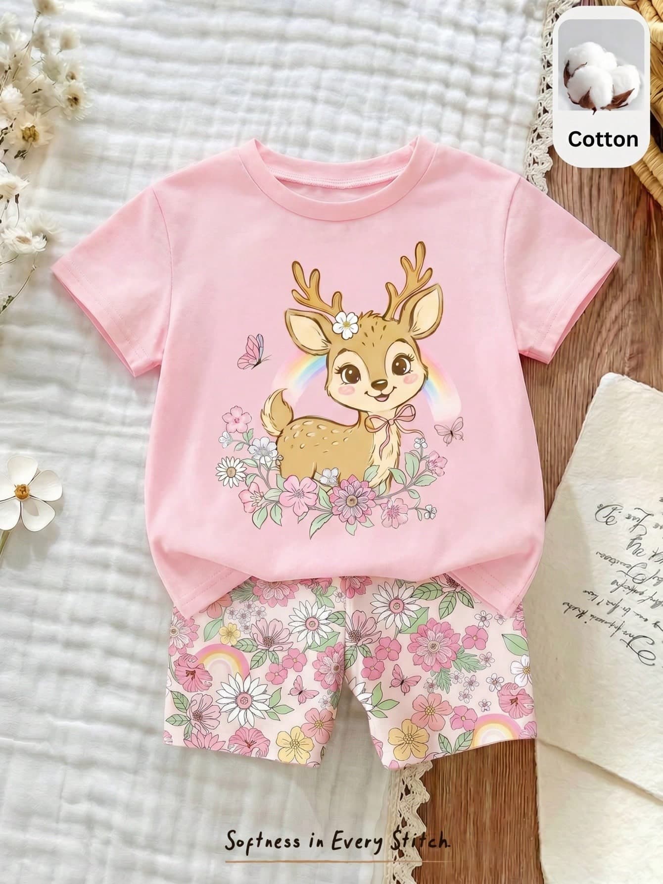 Baby Girl This Adorable Two-Piece Set Features A Pink Deer Top And Leggings, A Casual And Loose-Fitting Round Neck Short-Sleeved T-Shirt And Leggings Set, Suitable For Baby Girls. Perfect For Everyday Wear In Spring And Summer, Travel, Styling, Home, Vacation, Outdoor Activities, Farms, And Leisure Occasions.
