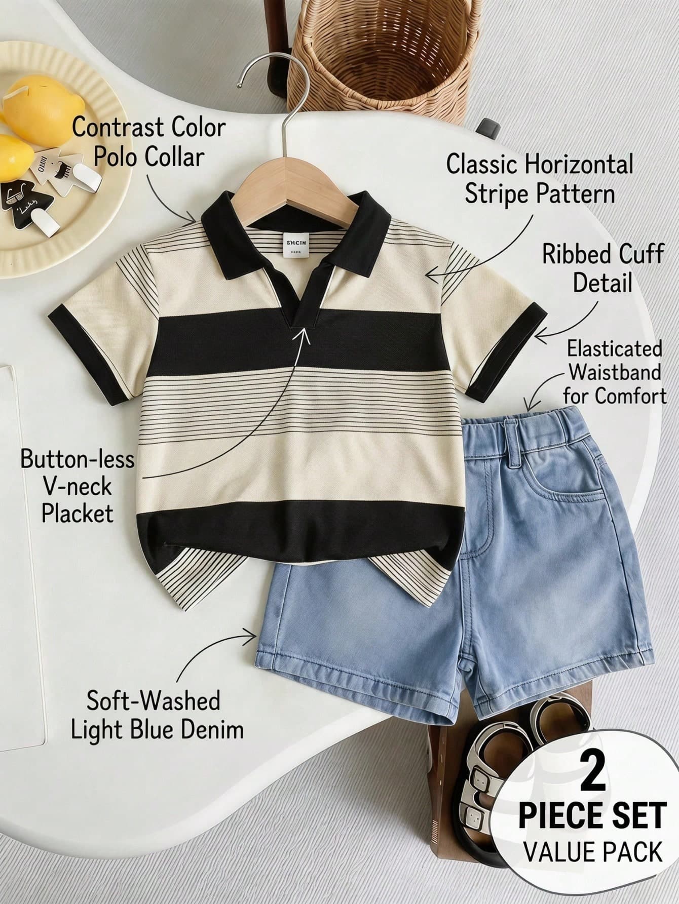 SHEIN 2pcs/Set Baby/Toddler Boy Summer Casual Soft Cute Knitted Striped Cardigan Polo Top And Blue Denim Loose Fit Jeans Shorts Set,For Baby Boys Spring/Summer Dailywear Outfits,Boys Streetwear Outfits,Festival Outfits For Boys,Party Outfits For Boys,Beach Outfits For Boys,Birthday Outfits For Boys,Country Clothes For Boys,Boys Graduation Outfit,Casual Boys Outfits,Summer Vacation Outfits For Baby,Graphic Jeans Boys,Toddler Two-Piece Set ,2-Years-Old Boys Two-Piece Set,Casual Two-Piece Set,Summer Two-Piece Set