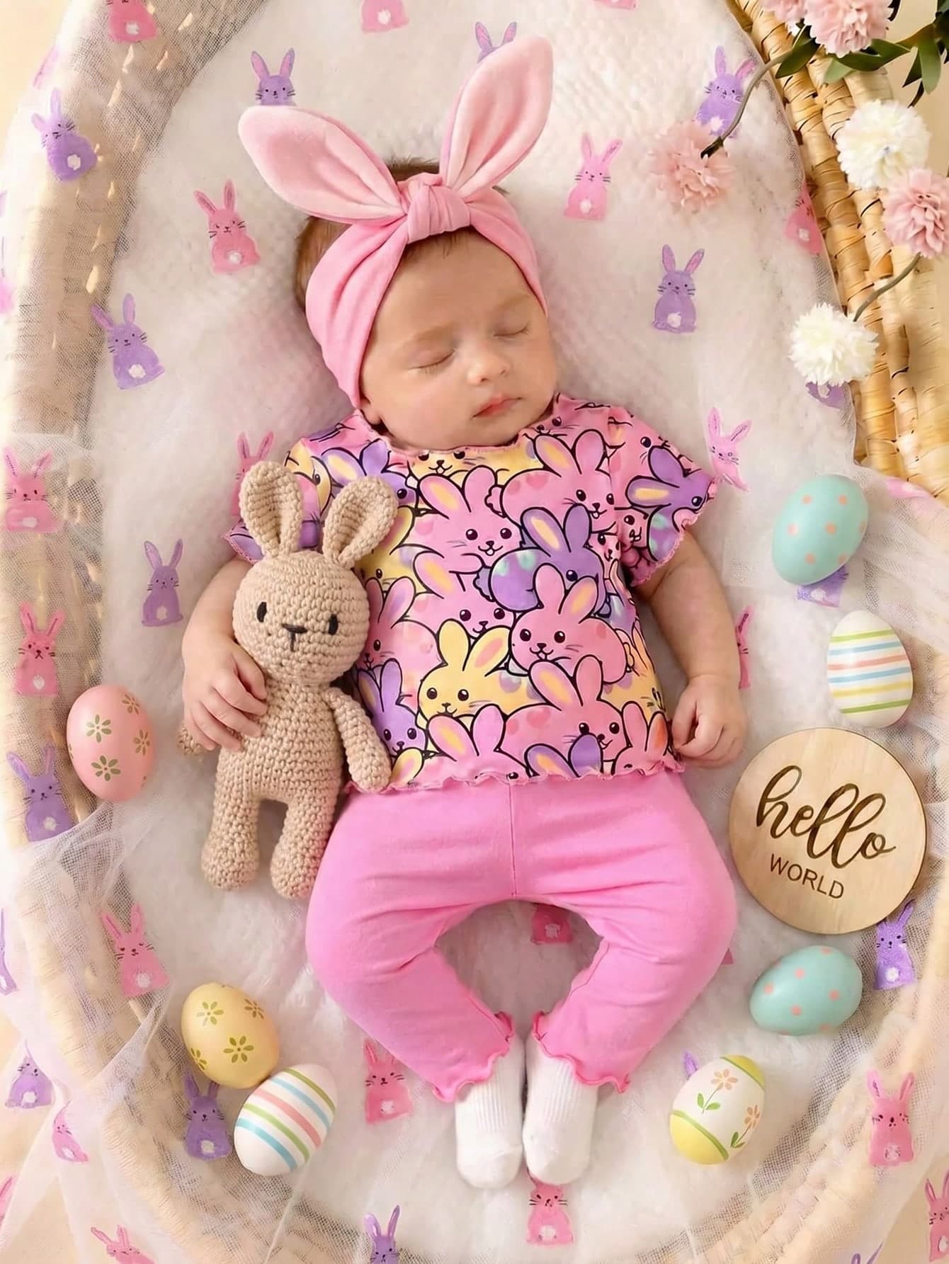 SHEIN 2-Pack Newborn Baby Girl Cute Cartoon Print Short Sleeve T-Shirt And Elastic Waist Pants Set, Summer Squishy Summer Outfits Easter Easter Bunny Soft And Sweet, An Easter Gift For Your Baby Pink 2 Piece Easter Set Babies Easter Sunday Newborn Outfit Baby Girl Newborn Easter Easter Bunny Headband Baby Easter Clothes Newborn Easter Outfit Baby Girl Easter Set Infant Easter Outfit