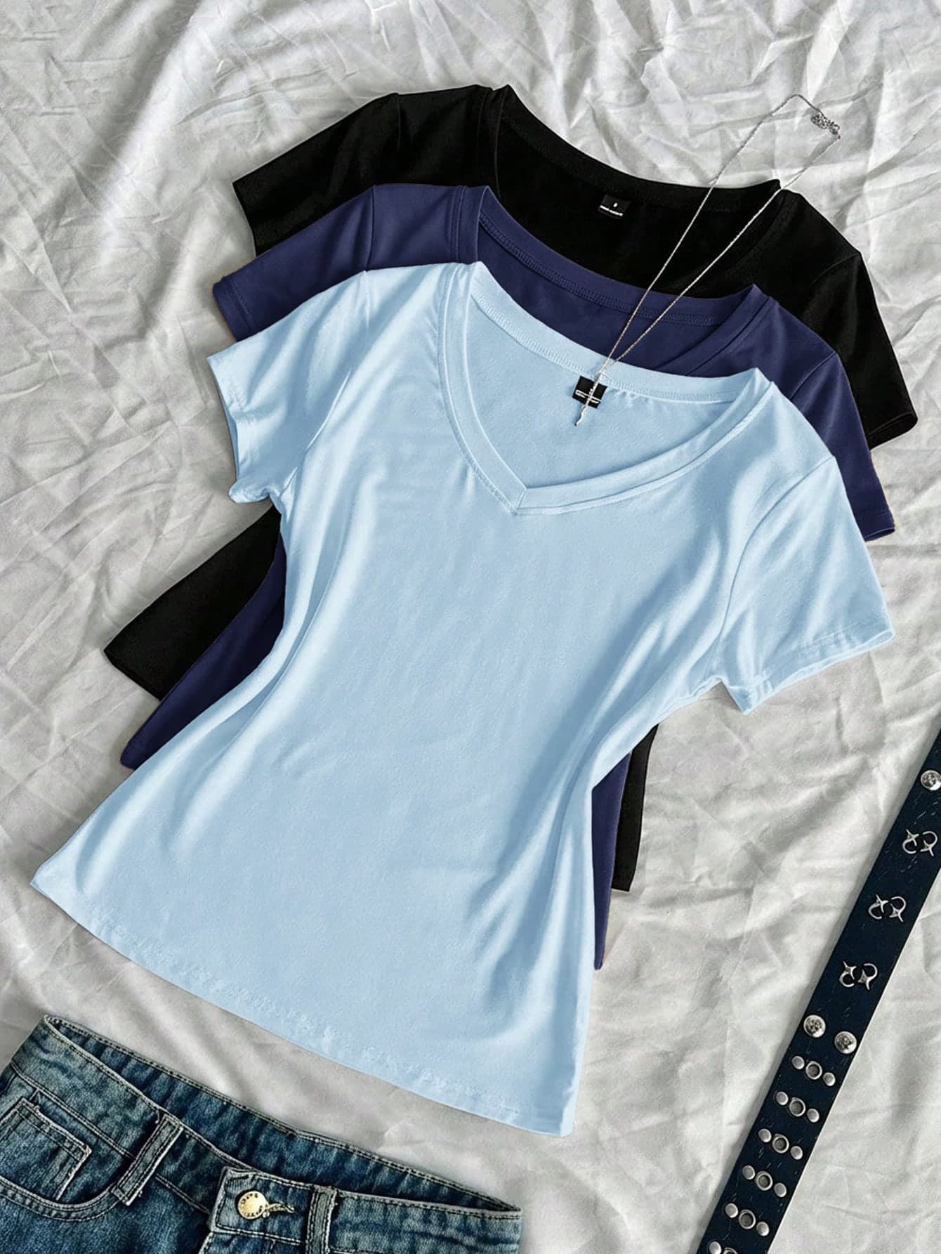 SHEIN EZwear 3pcs Women's Summer V-Neck Tight T-Shirts Punk Casual Solid Color Short Sleeve Slim Fit Everyday Baby Blue Everyday Everyday