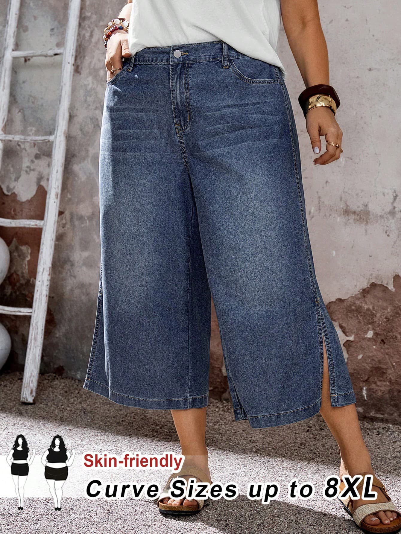 SHEIN CURVE+ Plus Size Women's High Waist Back Elastic Vintage Streetwear Wash Loose Wide Leg Culottes Jeans Skin-Friendly Side Slit Multi Pocket Casual