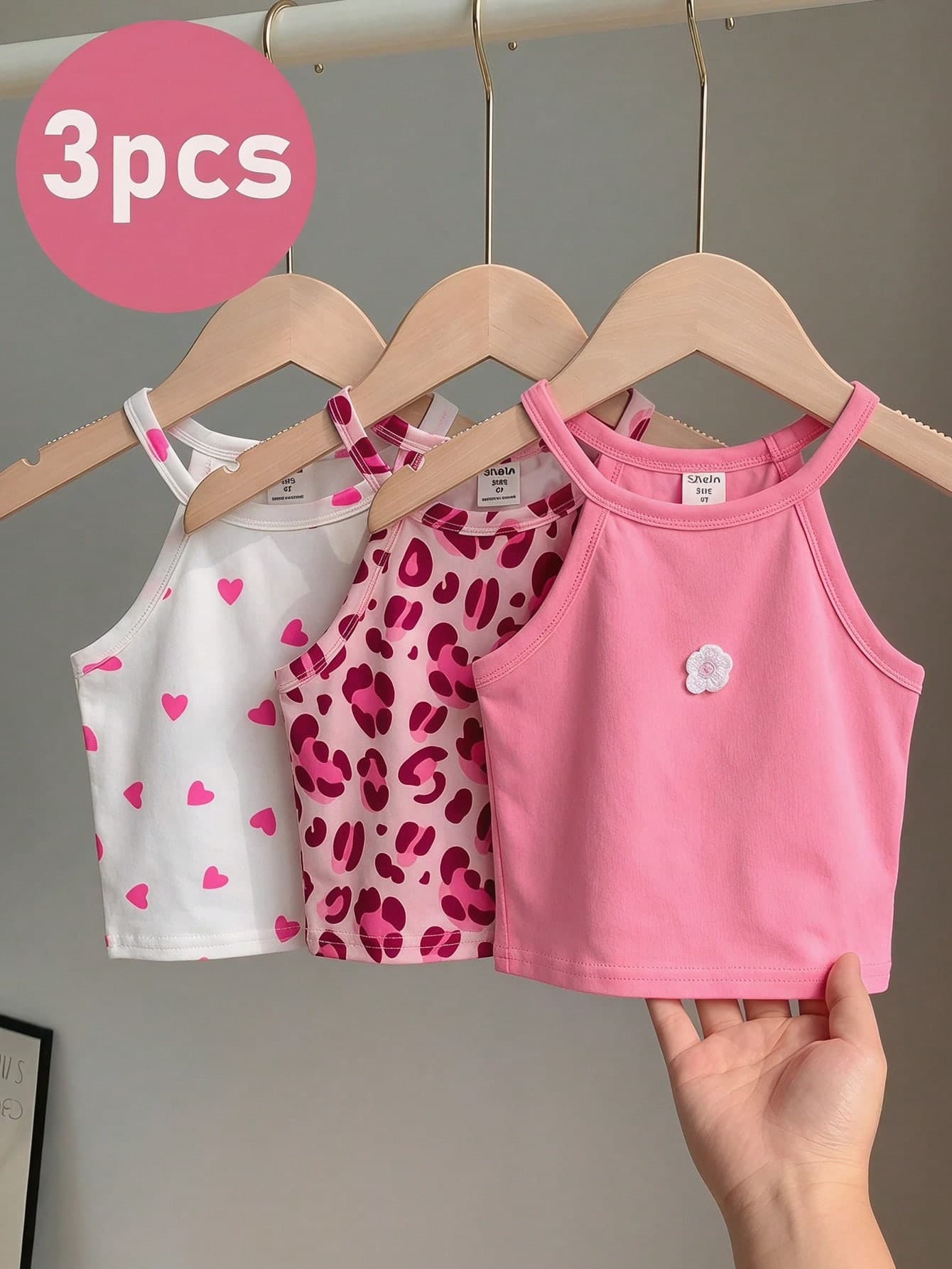 SHEIN Young Girl 3-Piece Set: Solid Color Knit Camisole With Leopard Print & Heart Pattern