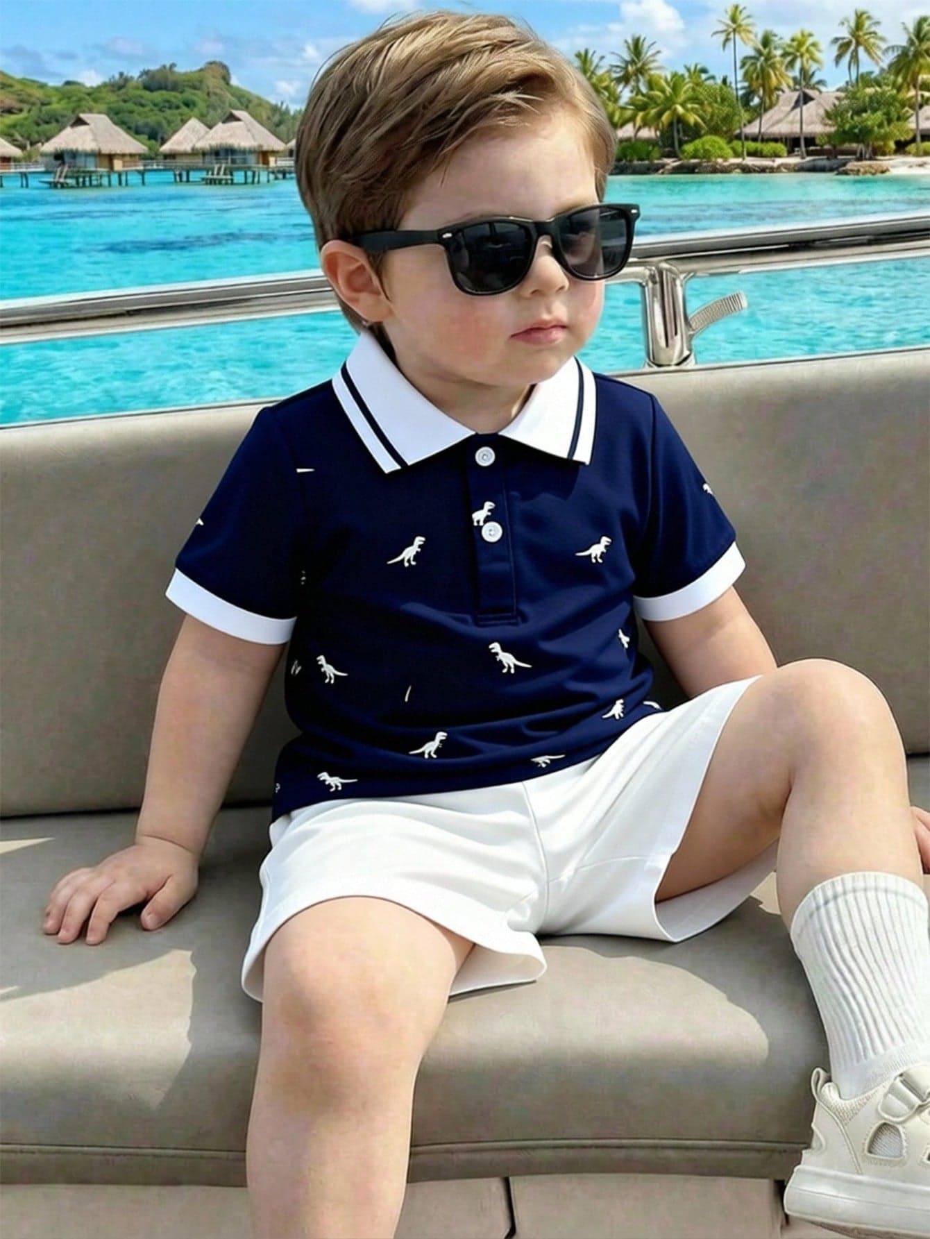 SHEIN Toddler Boys' Summer Casual 2-Piece Set,Cute Navy Blue Dinosaur Print Polo Shirt & White Shorts,Fashionable Vacation Holiday Outfit For 6 Months-3Y