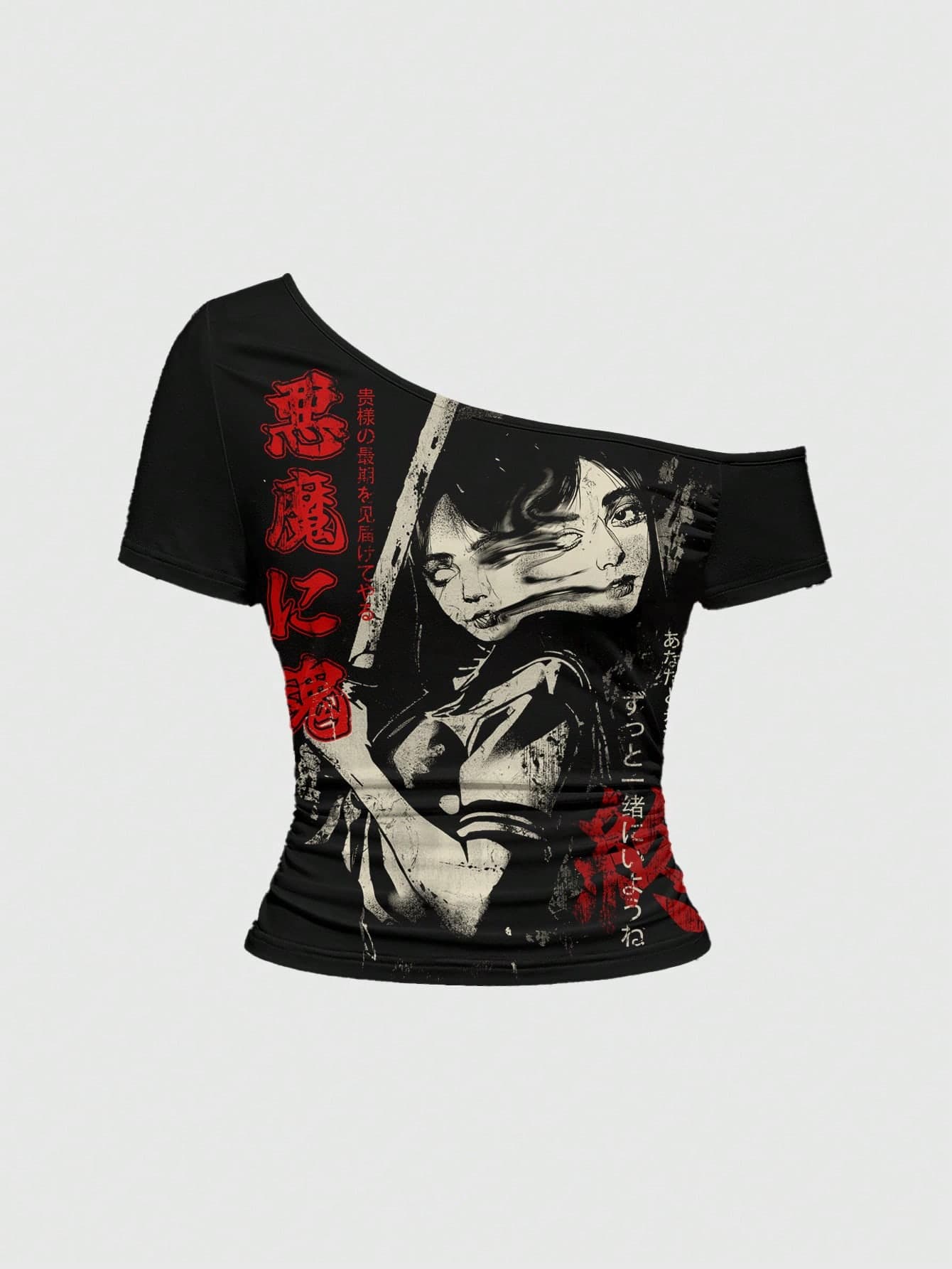 ROMWE Anime Sexy Hot Girl Dark Asymmetric Shoulder Music Festival Women's T-Shirt