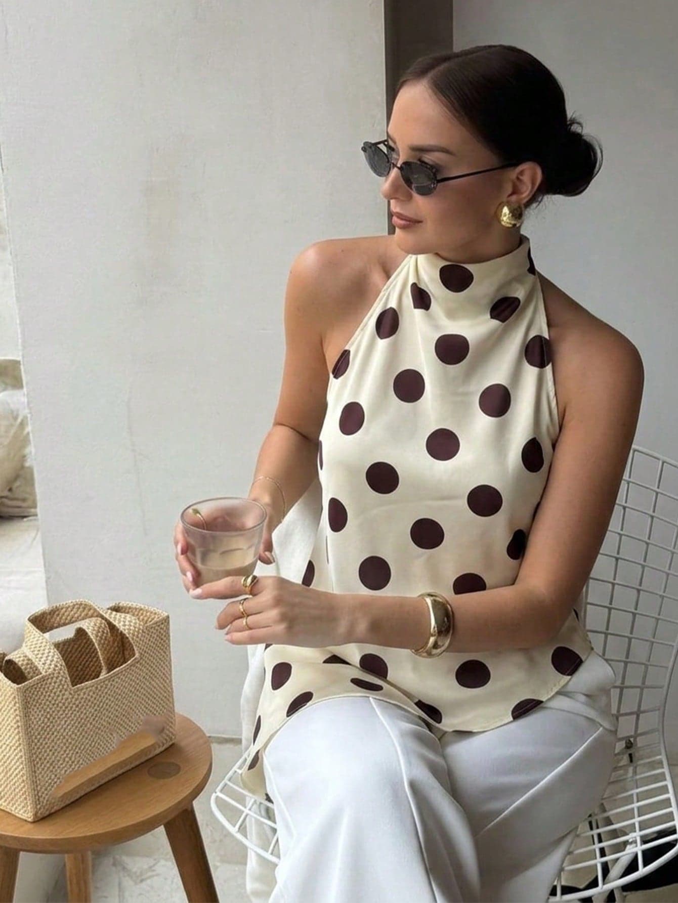 Firerie Women's Elegant Casual Vacation Commute Tea Party Fashion New Draped Backless Halter Beige Print Asymmetrical Hem Blouse Top, Summer