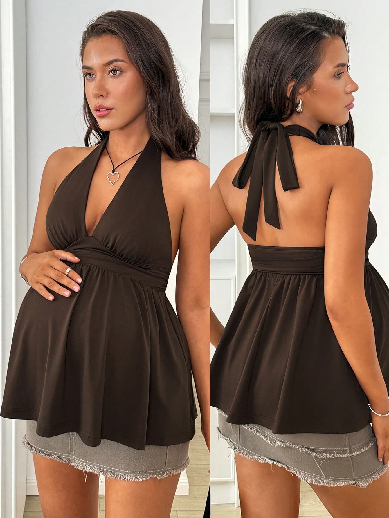 SHEIN Maternity Summer Minimalist Elegant Solid Color Halter Backless Ruffle Hem Camisole Maternity Photoshoot