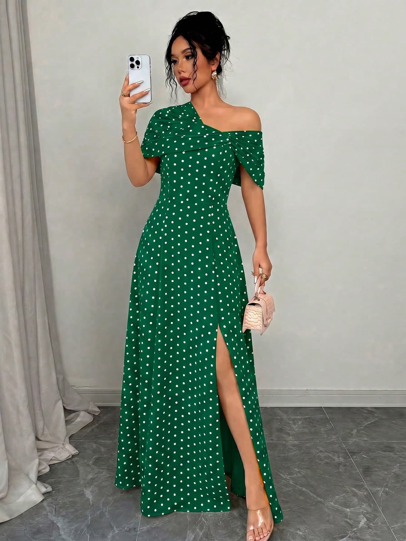 SHEIN Elenzya Asymmetric Shoulder Ruched Waist A-Line Elegant Romantic Dress For Women