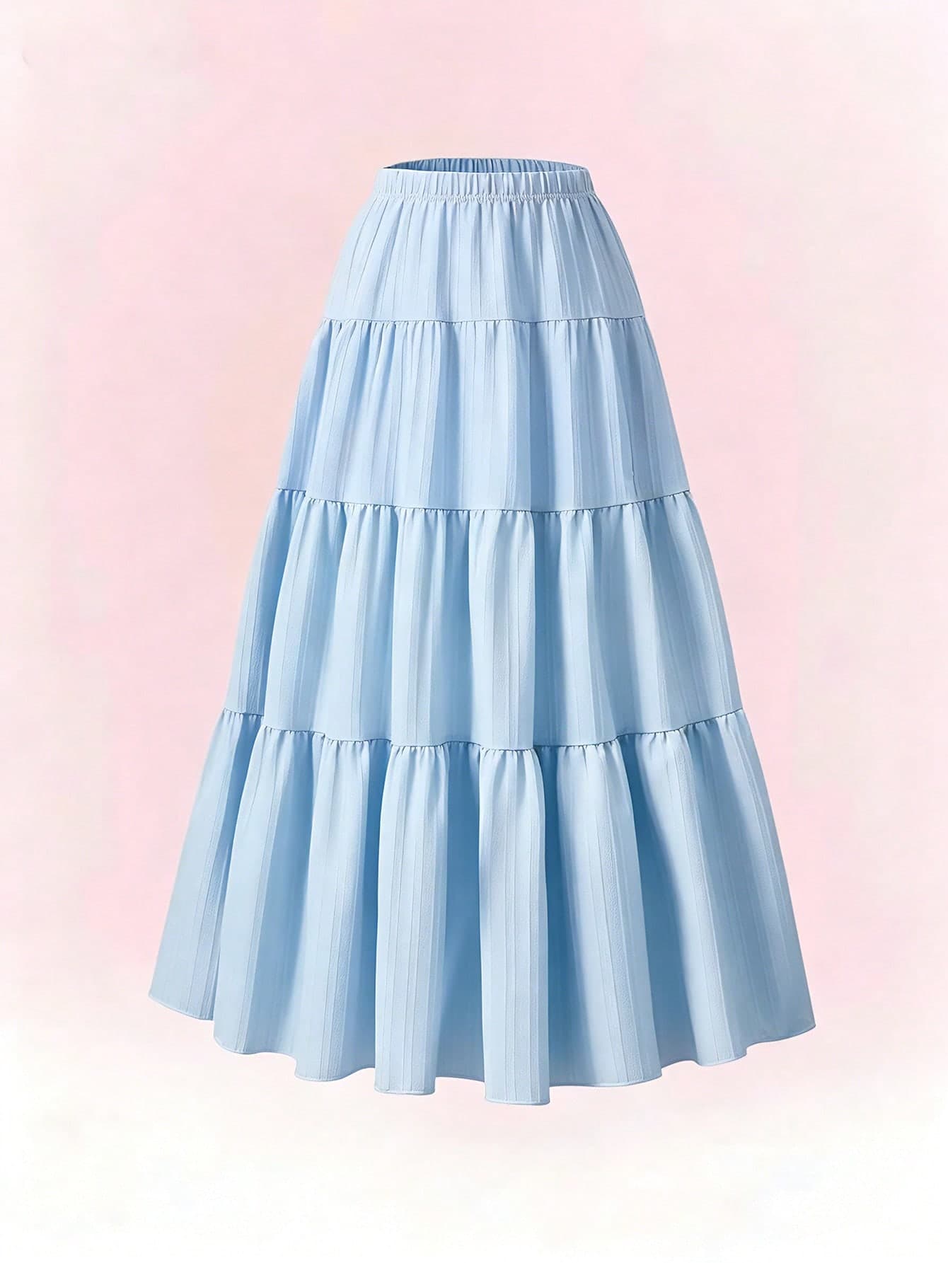 Girls' Light Blue Pleated Woven Skirt,Summer Boho Tea Party Vacation Holiday Outfit,Unique Texture,Flowing Pleats,Sweet Elegant Style For Outings