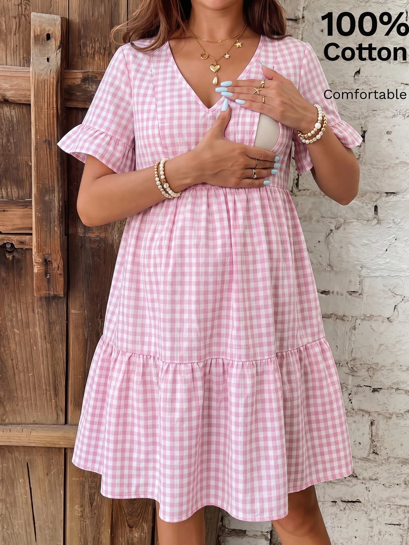 SHEIN Maternity V-Neck Plaid Ruched Casual Vacation Everyday Dress