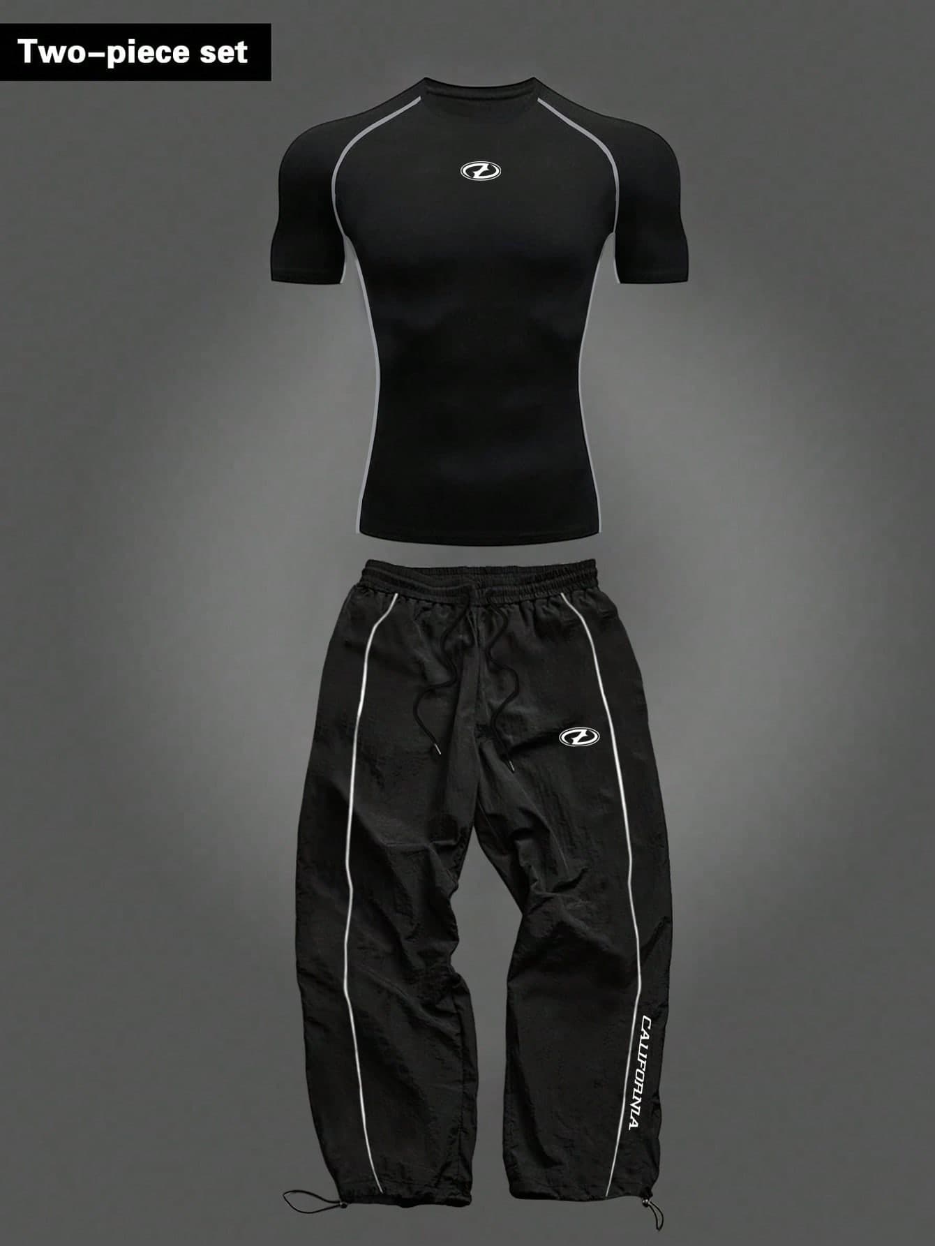 RISE LYT Men's Geometric Print Raglan Short Sleeve T-Shirt And Pants Sports Suit, Gym