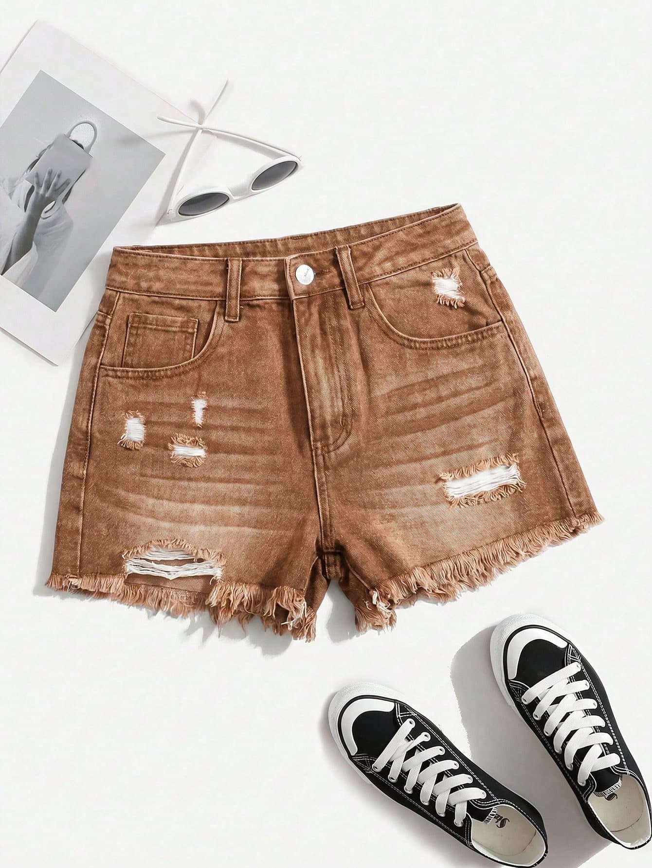 Jeanoix Women's Fashion Versatile Basic Pocket Distressed Frayed Hem Denim Shorts Swimming White Summer