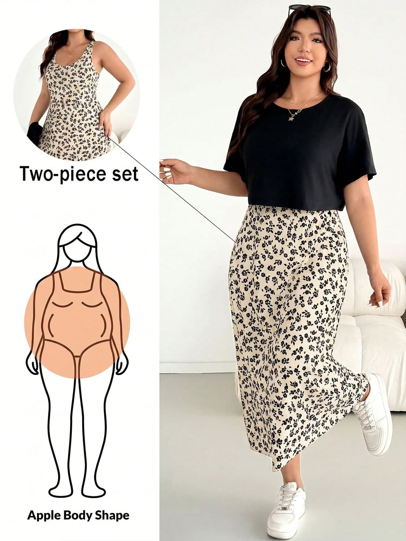 Shapeblank Plus-Size Women's Smart Casual Summer Two Pieces Set,Black Short-Sleeved Top & Floral Long Dress,Everyday Loose Comfortable Versatile Curve Outfits