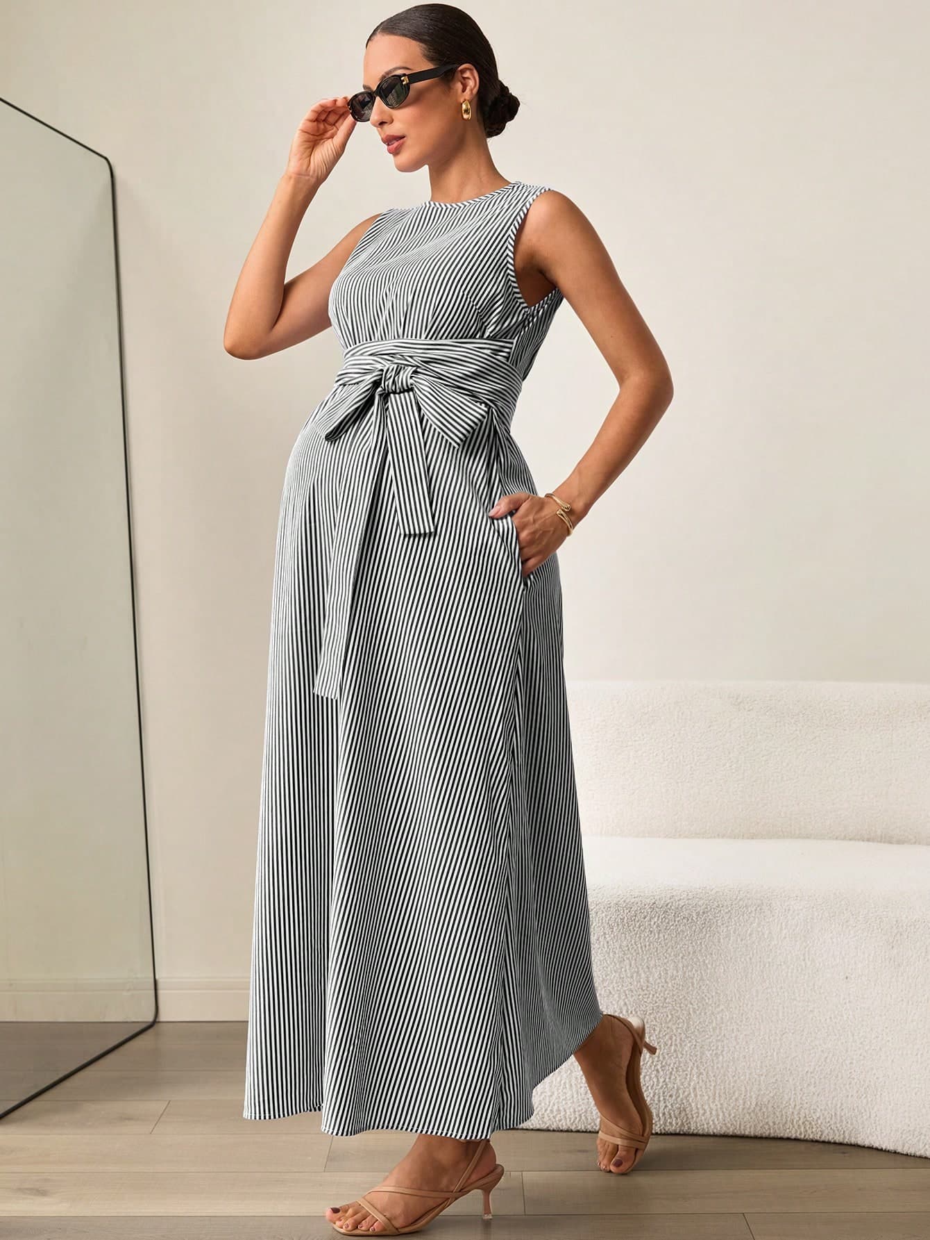 MaterniWear Maternity Casual Striped Sleeveless Dress For Summer