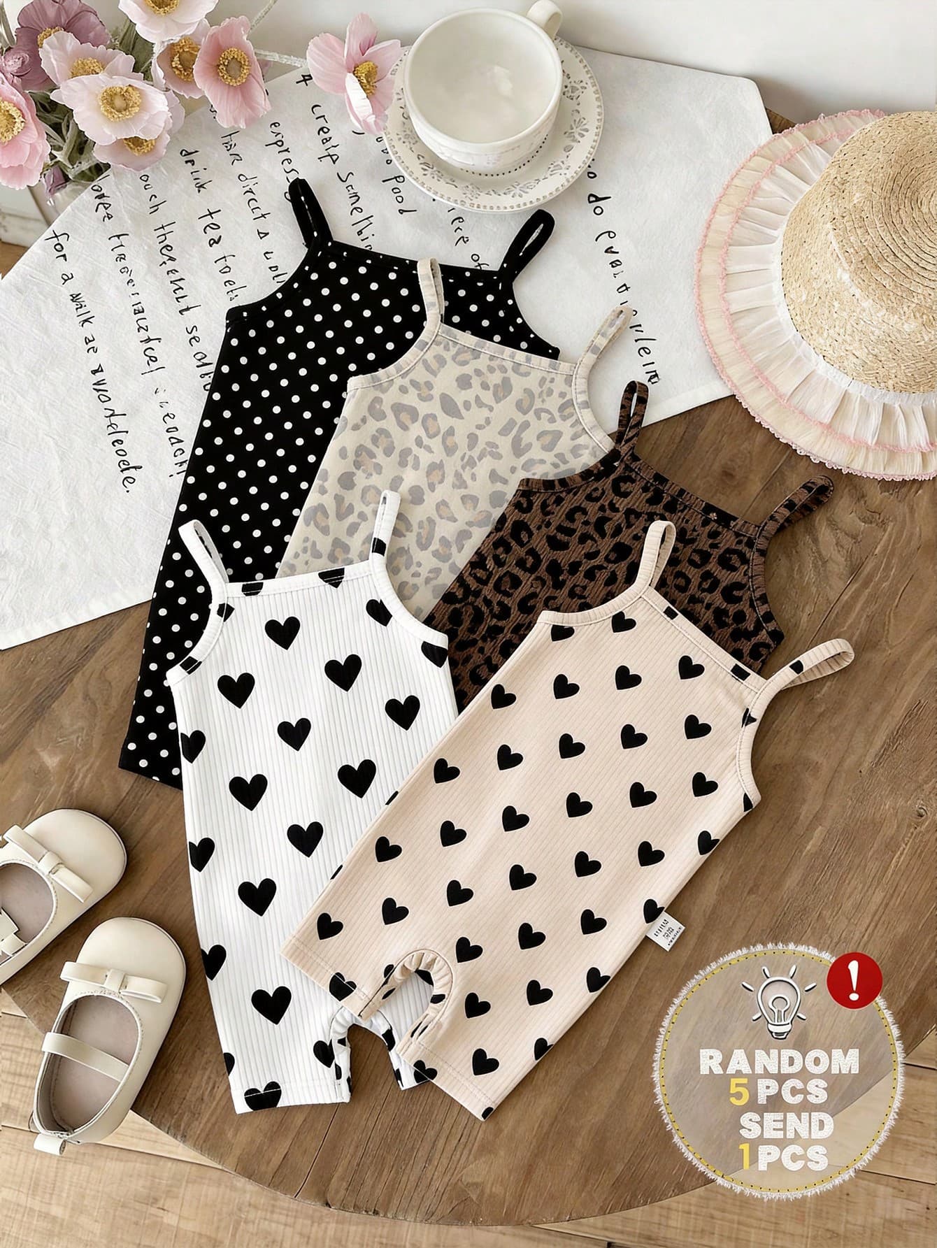 SHEIN LMoss Kids [Random 6pcs, Send 1pc]Vintage Sweet Black & White Contrast Striped, Mini Floral Print Pattern, Vintage Maillard Brown Leopard Print Polka Dot Pattern, Chill Chill, Baby & Baby Girl Graphic, Baby Girl Casual Camisole Romper Suitable For Spring & Summer