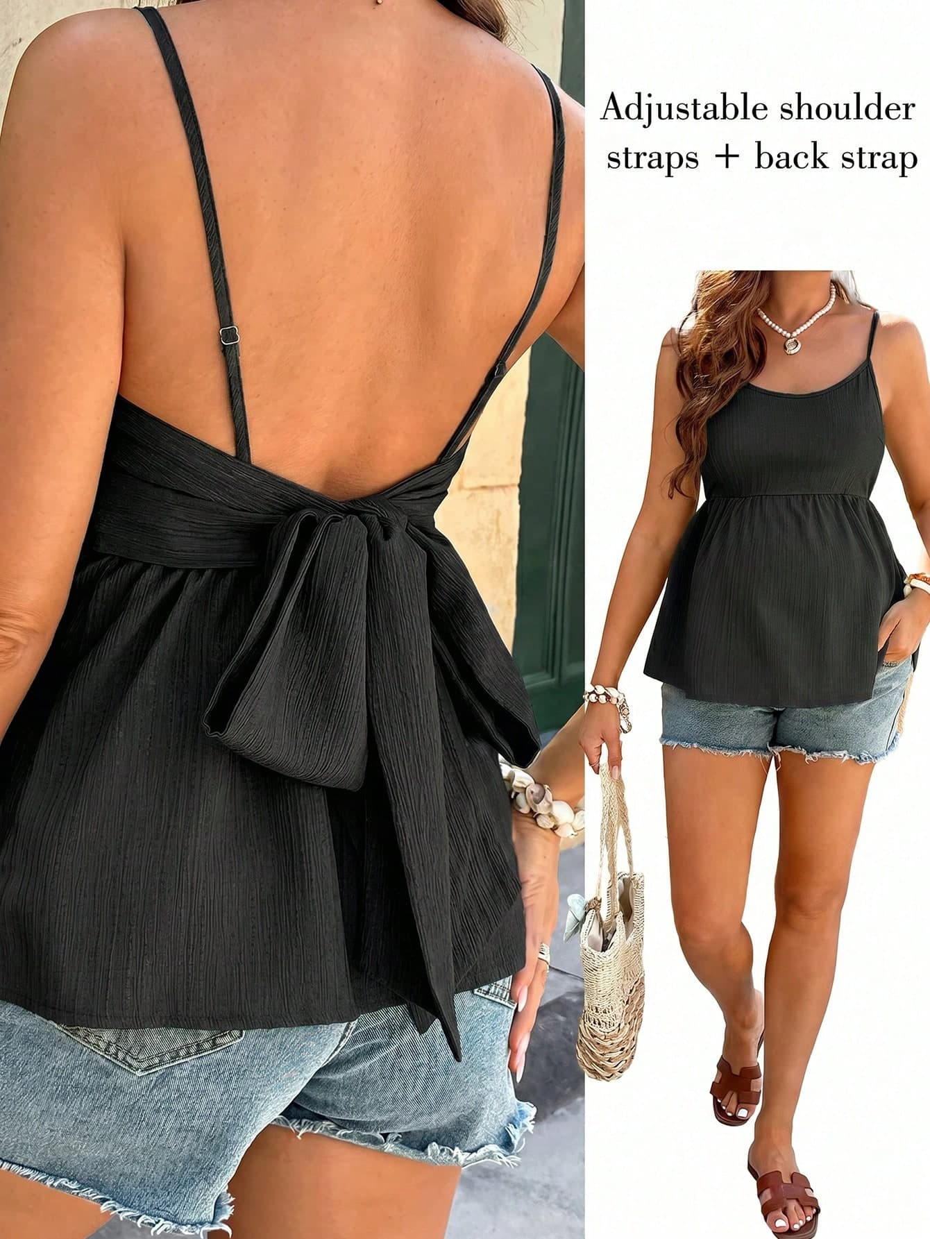 SHEIN Pregnant Women Solid Color Pleated Casual Versatile Daily Beach Outing Camisole Top Summer