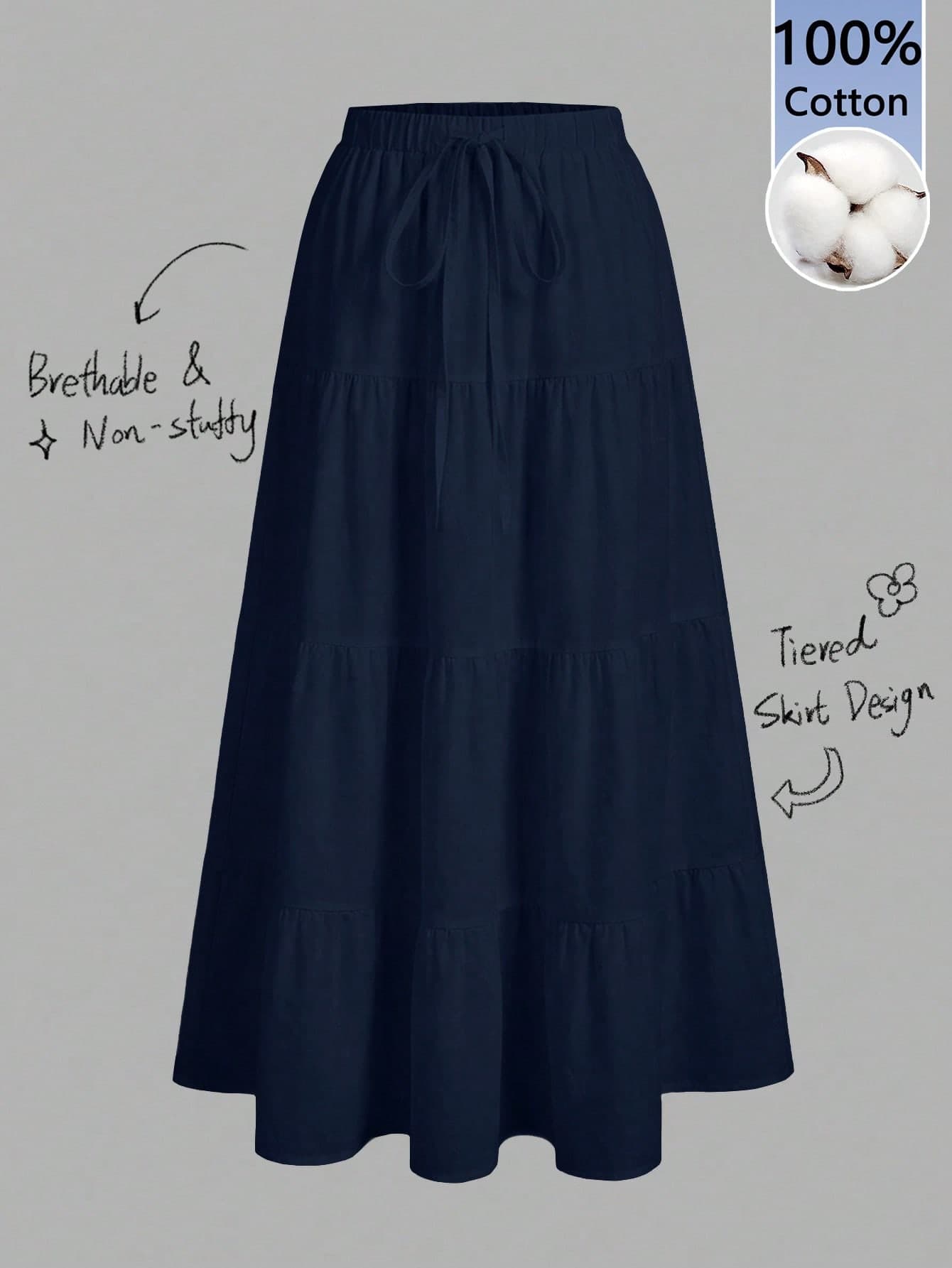 Tseoso 100 Washed Cotton Women's Casual Vacation Multi-Layer Cake Skirt, Suitable For Autumn, Navy Blue Vacation Vacation