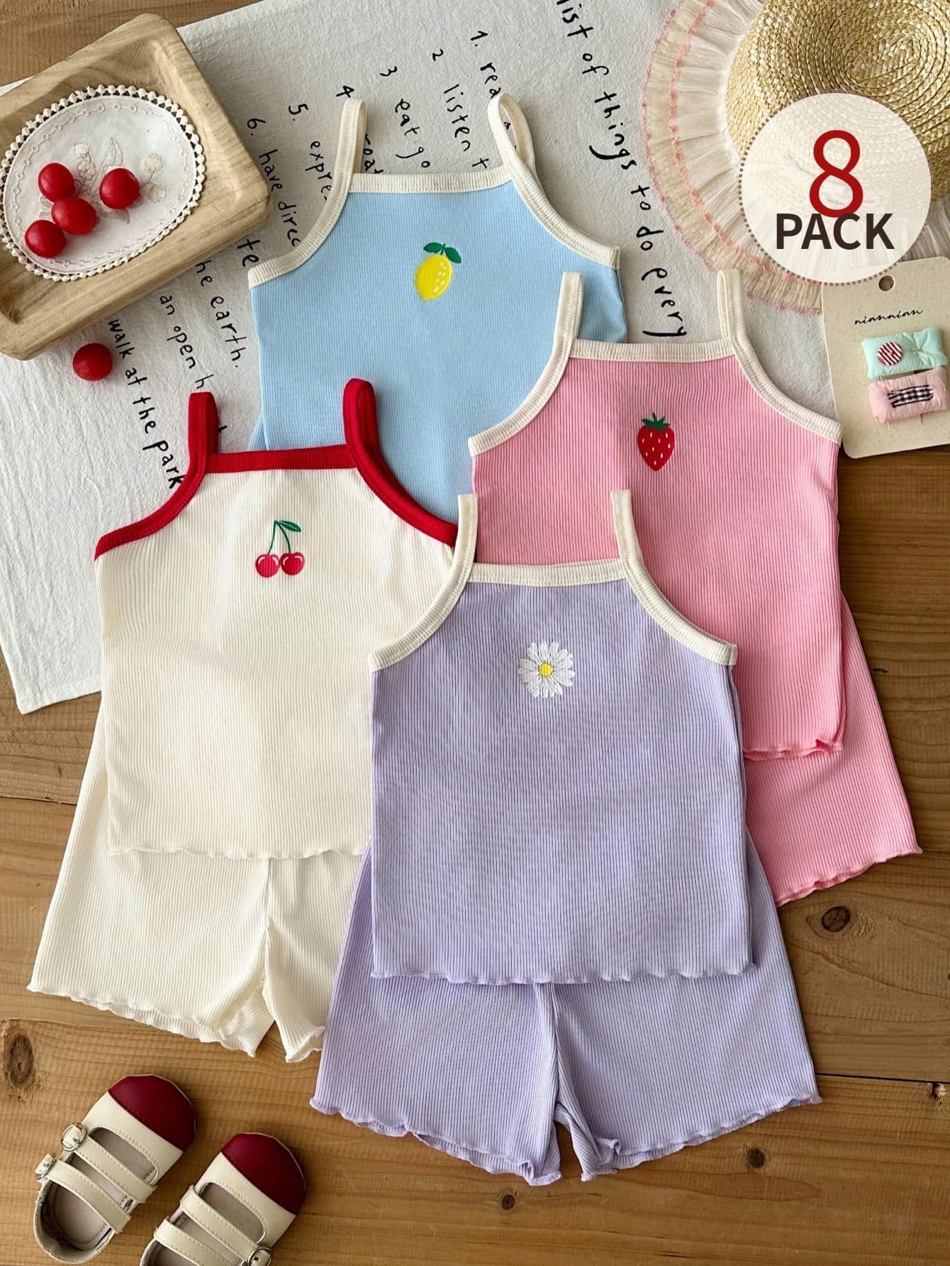 SHEIN 8pcs/Baby Girl 0-3Y Soft Summer Colour Palette Summer Cute Vacation Knitted Ribbed Asymmetrical Vest Tee Shirt Top And Shorts Set Everyday Outing