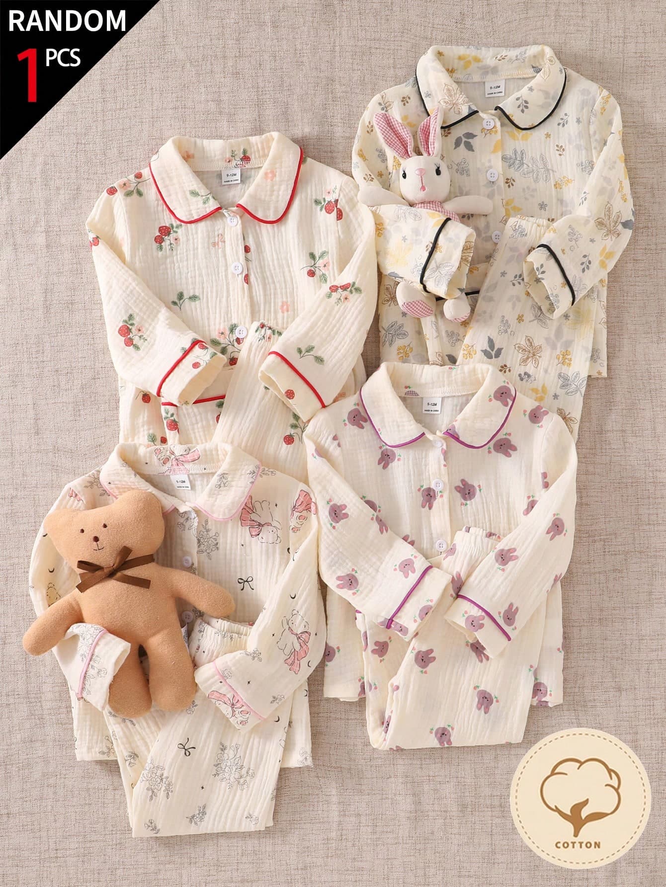 SHEIN Baby Girls' Random 1 Set Pajama Set, Featuring Classic Collar Design, Contrast Trim, And Playful Prints Like Floral, Bear, Bow, Strawberry, Rabbit, Surprise Blind Box Random Assortment