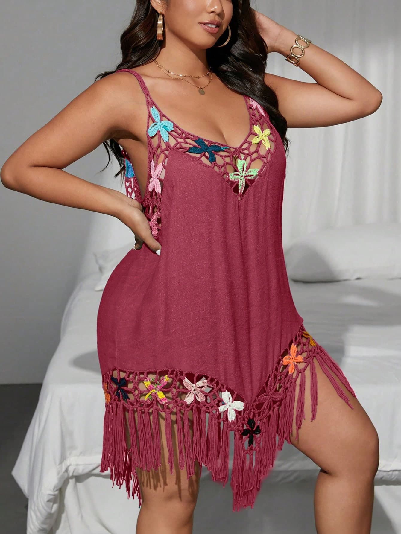SHEIN Swim Plus Size Women's One-Piece Spaghetti Strap Crochet Floral Patchwork Tassel Beachwear Beach Coverup Dress Summer Boho