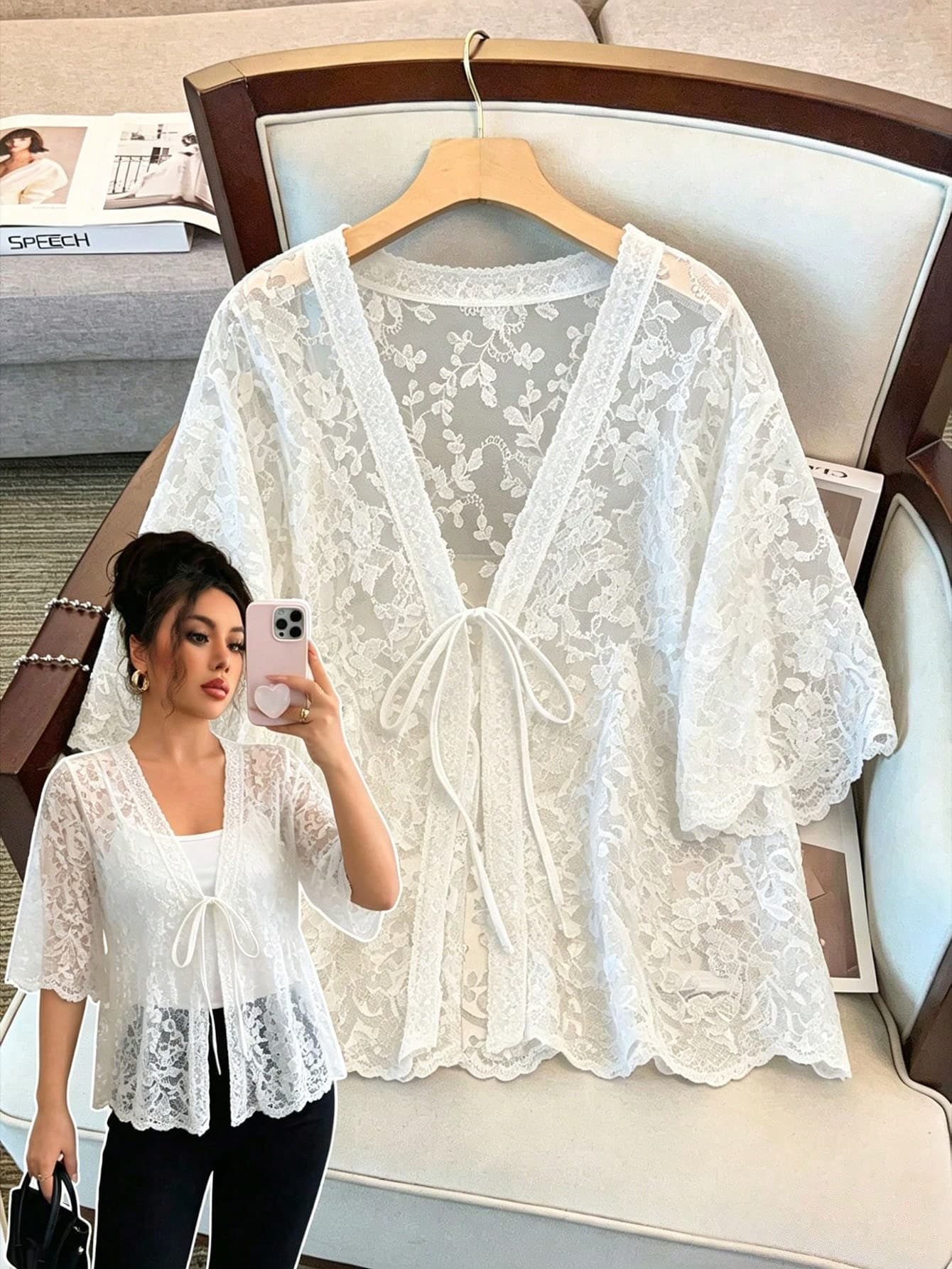 GlowEve CURVE Plus Size Women V-Neck Tie Front Sheer Vacation Blouse Shawl Collar Half Sleeve Embroidery Hollow Out Cardigan