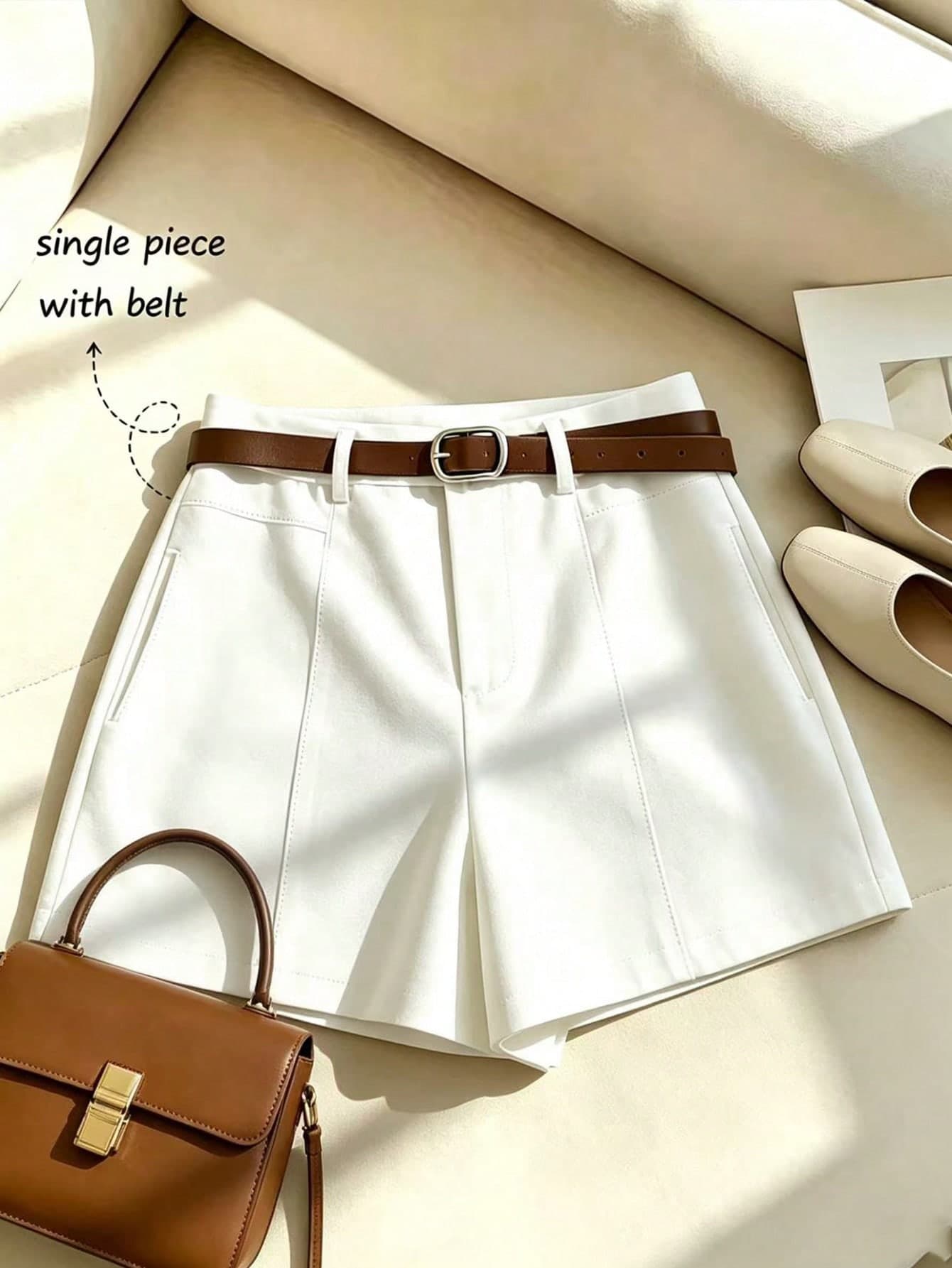 SHEIN Franclia Elegant French Style White Summer Shorts With Belt, Classy Graceful Women's Casual Office Shorts, Woven Beach Vacation For Ladies, 1 Piece