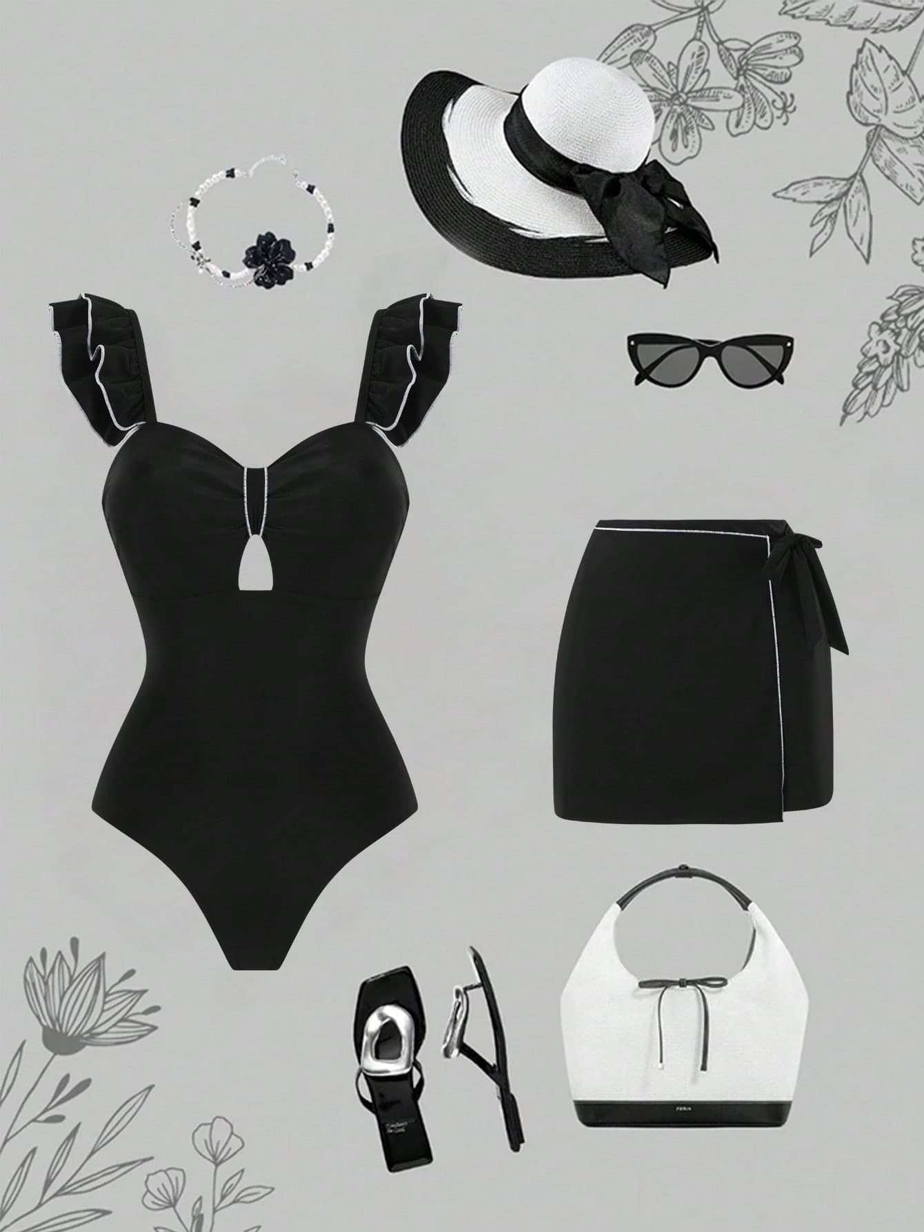 Swim Oasis 2026 New Plus Size Spaghetti Strap Cutout Waist One-Piece Swimsuit With High Slit Skirt, Casual Slimming Daily Wear