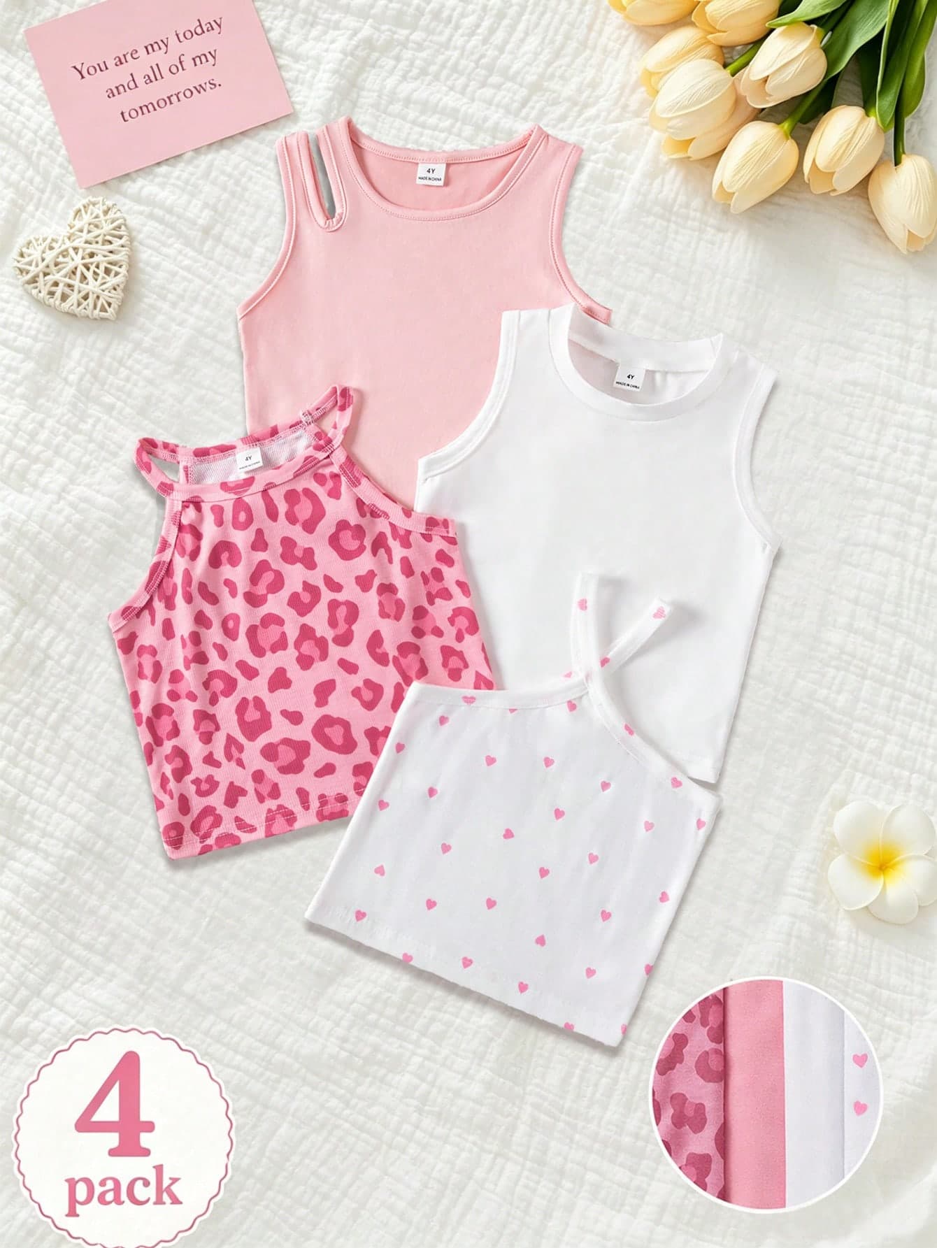 SHEIN Genkimix Kids 4 Pack Toddler Girls Tween Baby Clothes Cute Boho Y2K White Summer Pink Leopard Cheetah Heart Pattern Sleeveless Halter Neck Round Neck Tank Tops