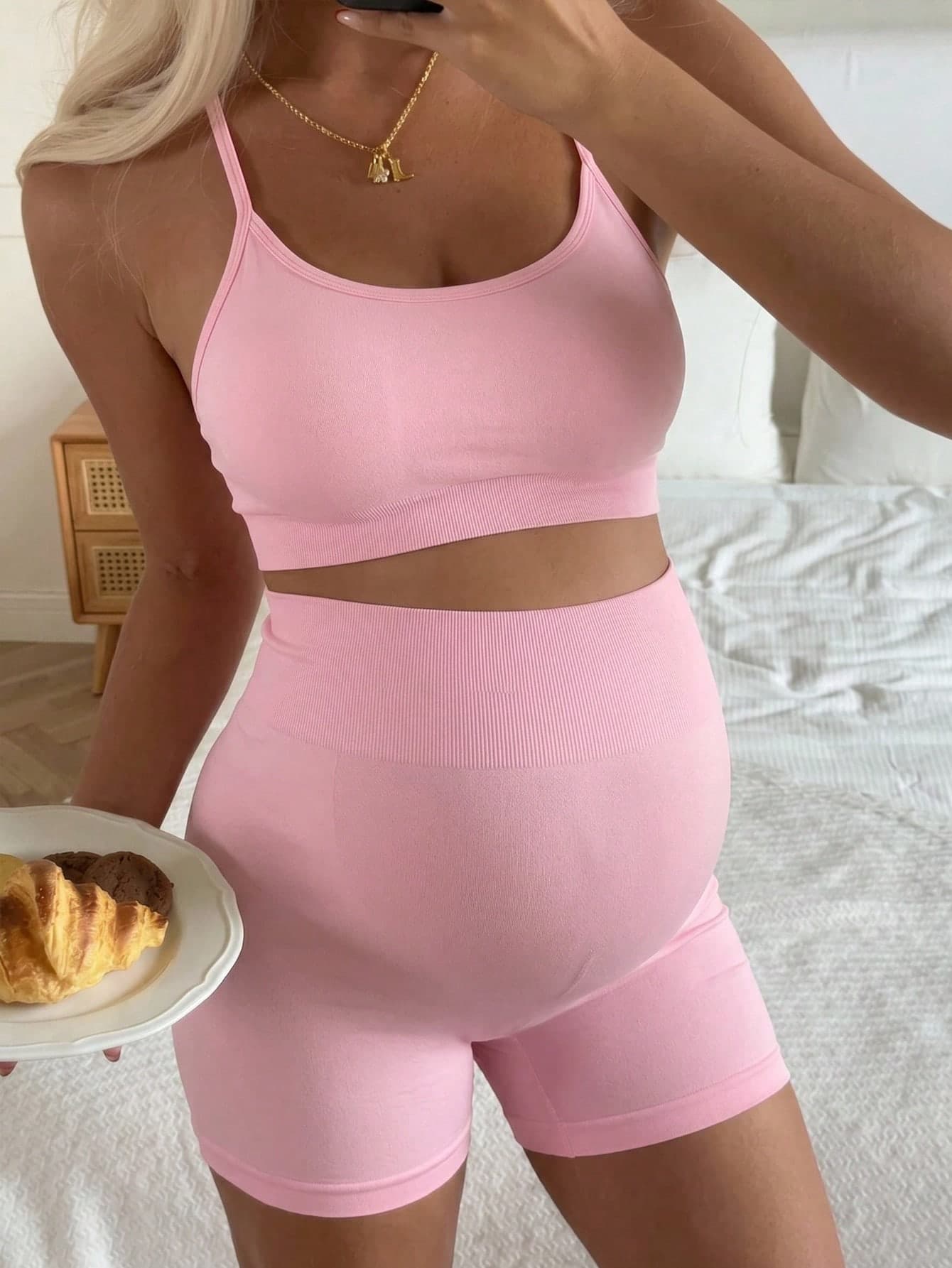 SHEIN Maternity Casual Solid Color Tight Camisole And Shorts Set, Summer