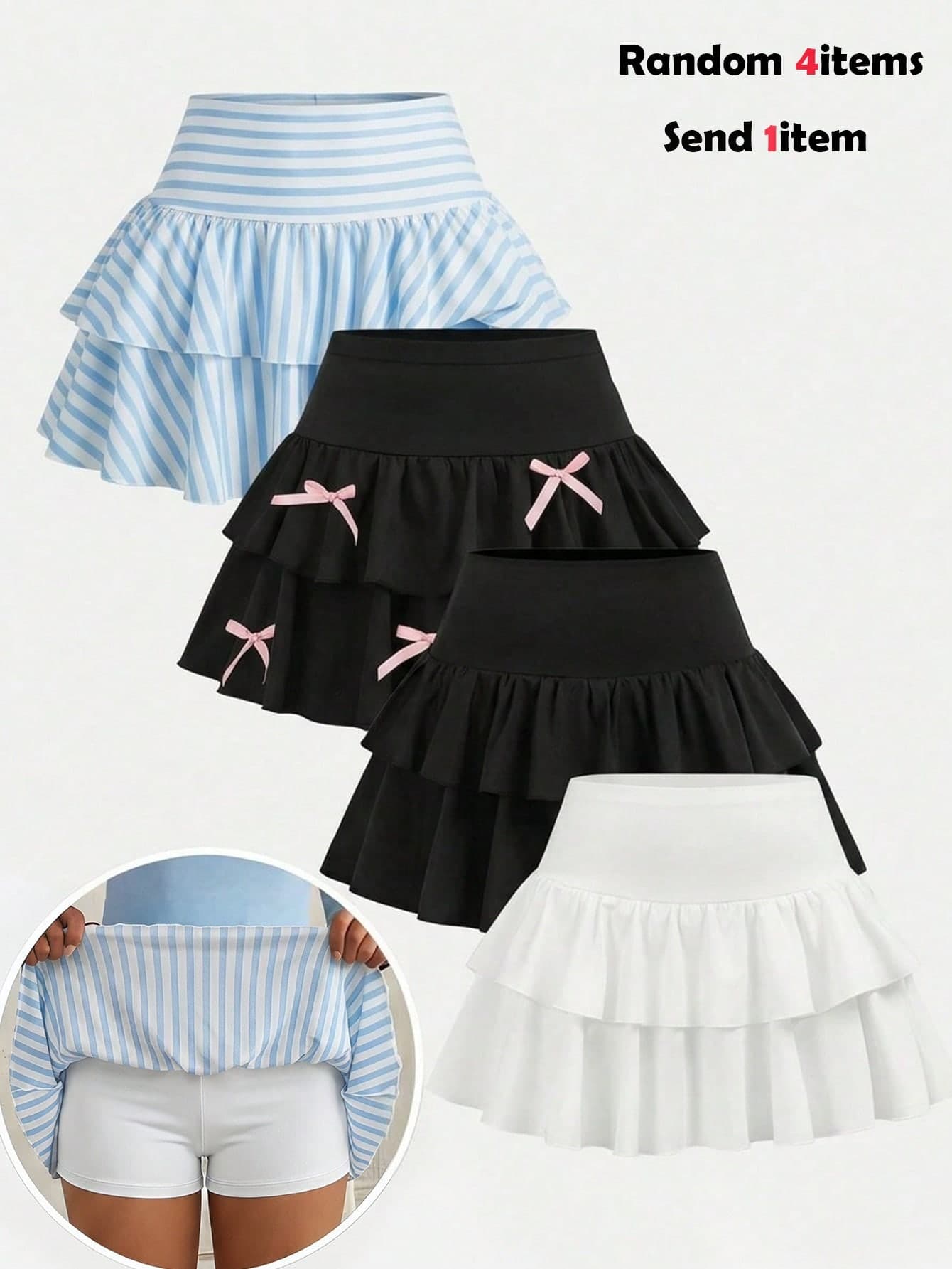 SHEIN Girlism Random 4items,Send 1item Teen Girl Black And White Summer Skater Skirt With Undershorts,Ruffled Hem Cute Teen Sweet 16 Casual School Sports Daily Wear