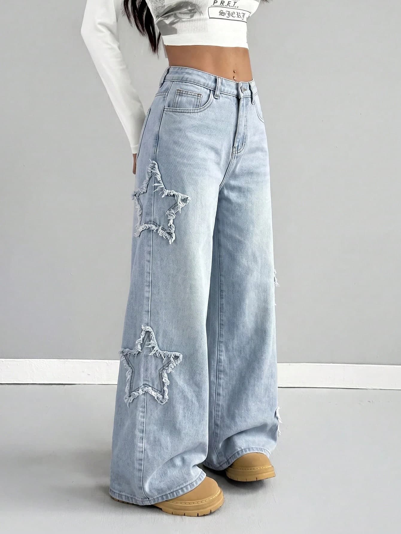 SHEIN Teen Girls Fashion Casual Y2k Vintage Cool Street Returns To School College Fringed Star Patch Design Blue Denim Loose Wide-Leg Jeans For Teen Girl Clothes Teen Girls Soft Dailywear And Teen Girl Winter And Fall Rave Outfits Festival And Outfits Streetwear School Clothes