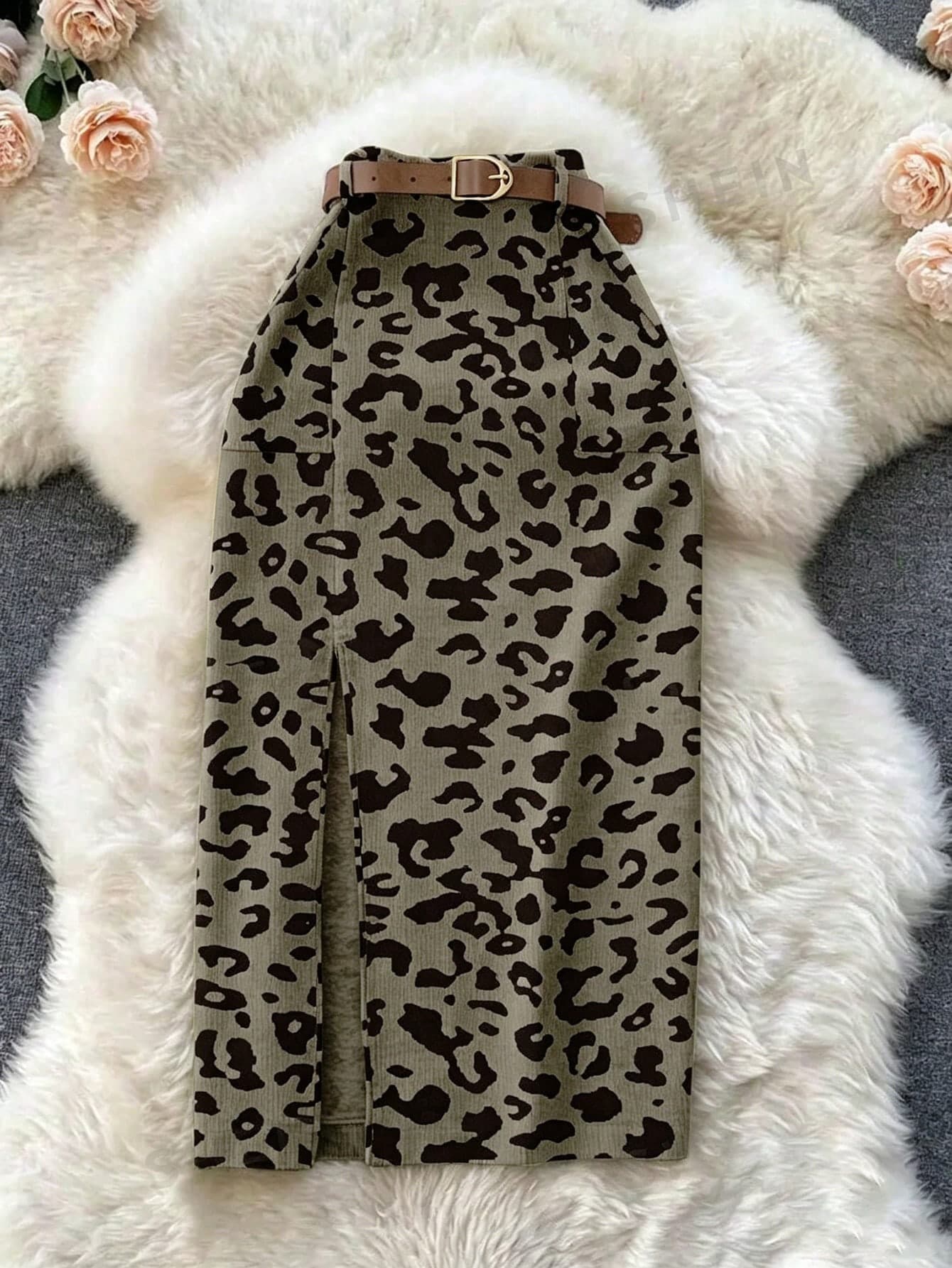 Franclia Women's Leopard Print Corduroy Pocket Slit Skirt With Belt