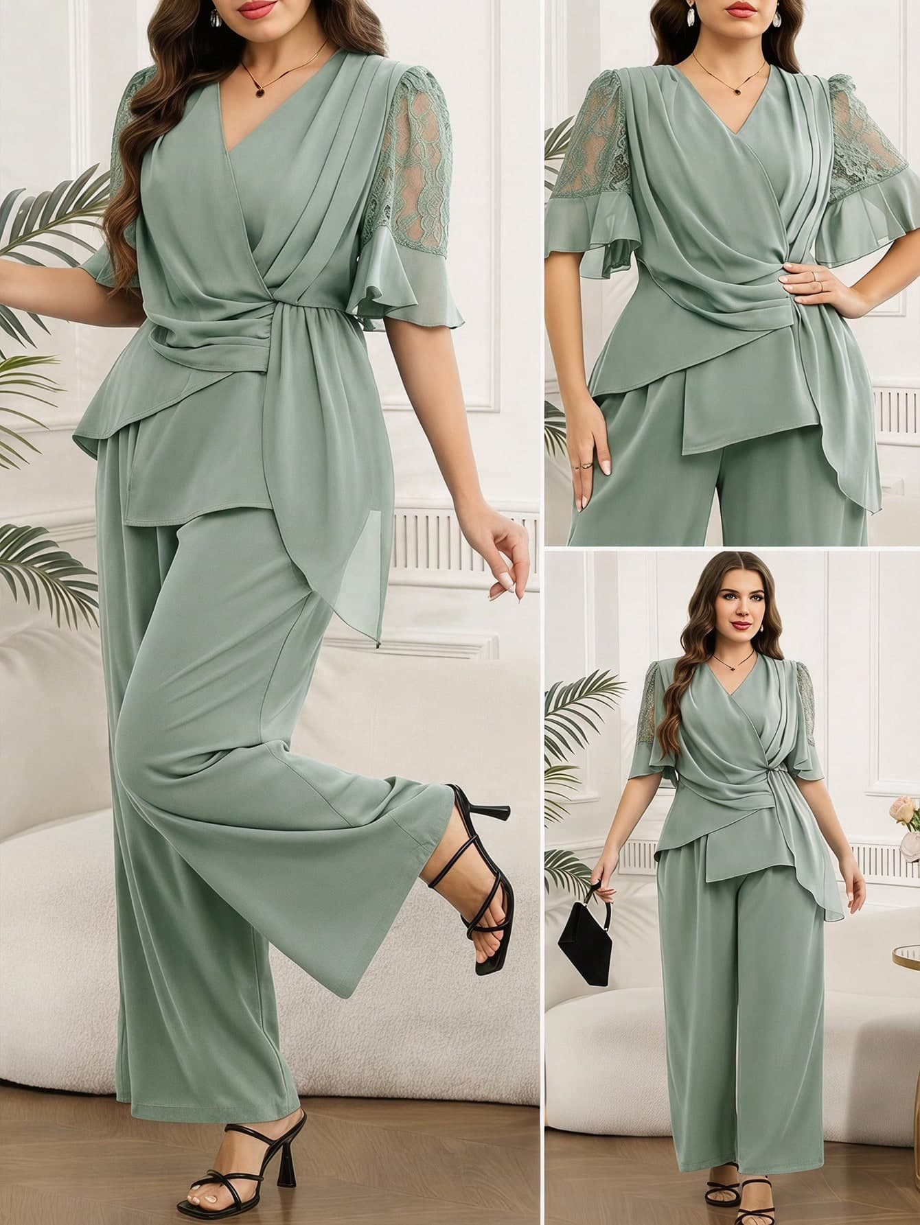 SHEIN Clasi Plus Size Women's Elegant Sage Green 2-Piece Set,Summer Wedding Guest Outfit,Ruffle Lace Patchwork V-Neck Blouse & Wide Leg Loose Fit Pants Jumpsuit