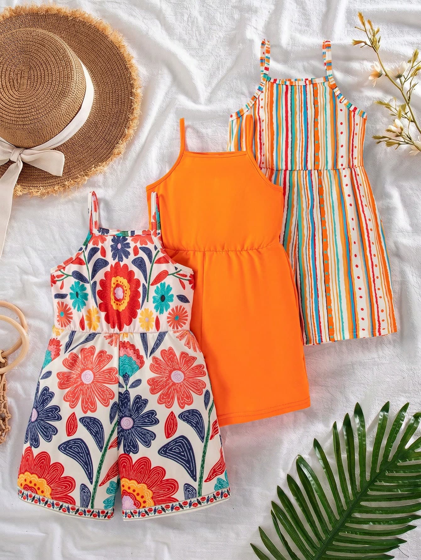 SHEIN Elladie kids 3pcs/Set Toddler Girls' Summer New Floral All-Over Print Solid Color Romper Shorts, Minimalist Fashionable Vacation Style Jumpsuit