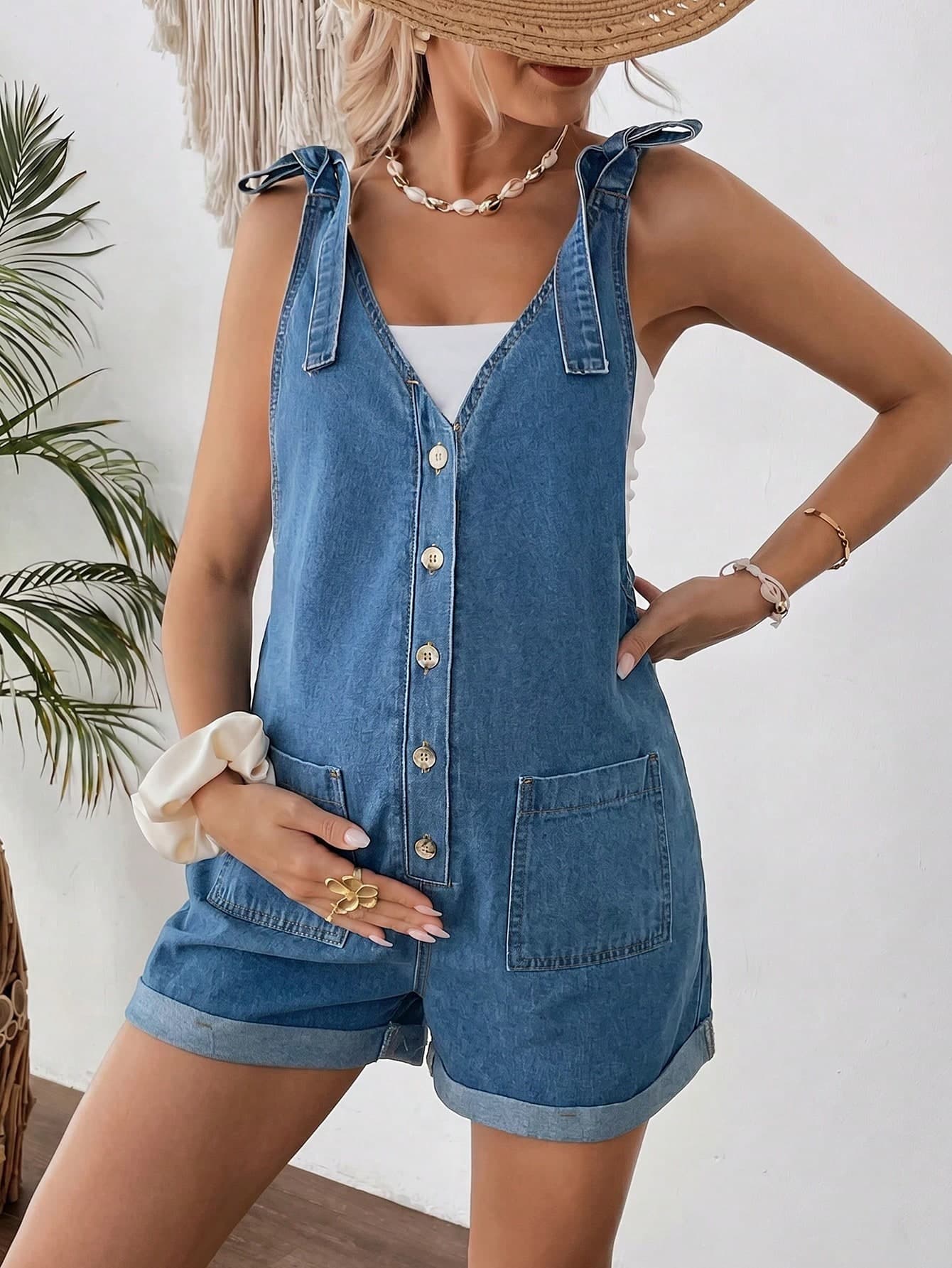 SHEIN Women's Summer Navy Blue Casual Holiday Denim Maternity Romper,Pregnant Single-Breasted Knotted Shoulder Romper With Pockets And Rolled Hem Chic Y2k