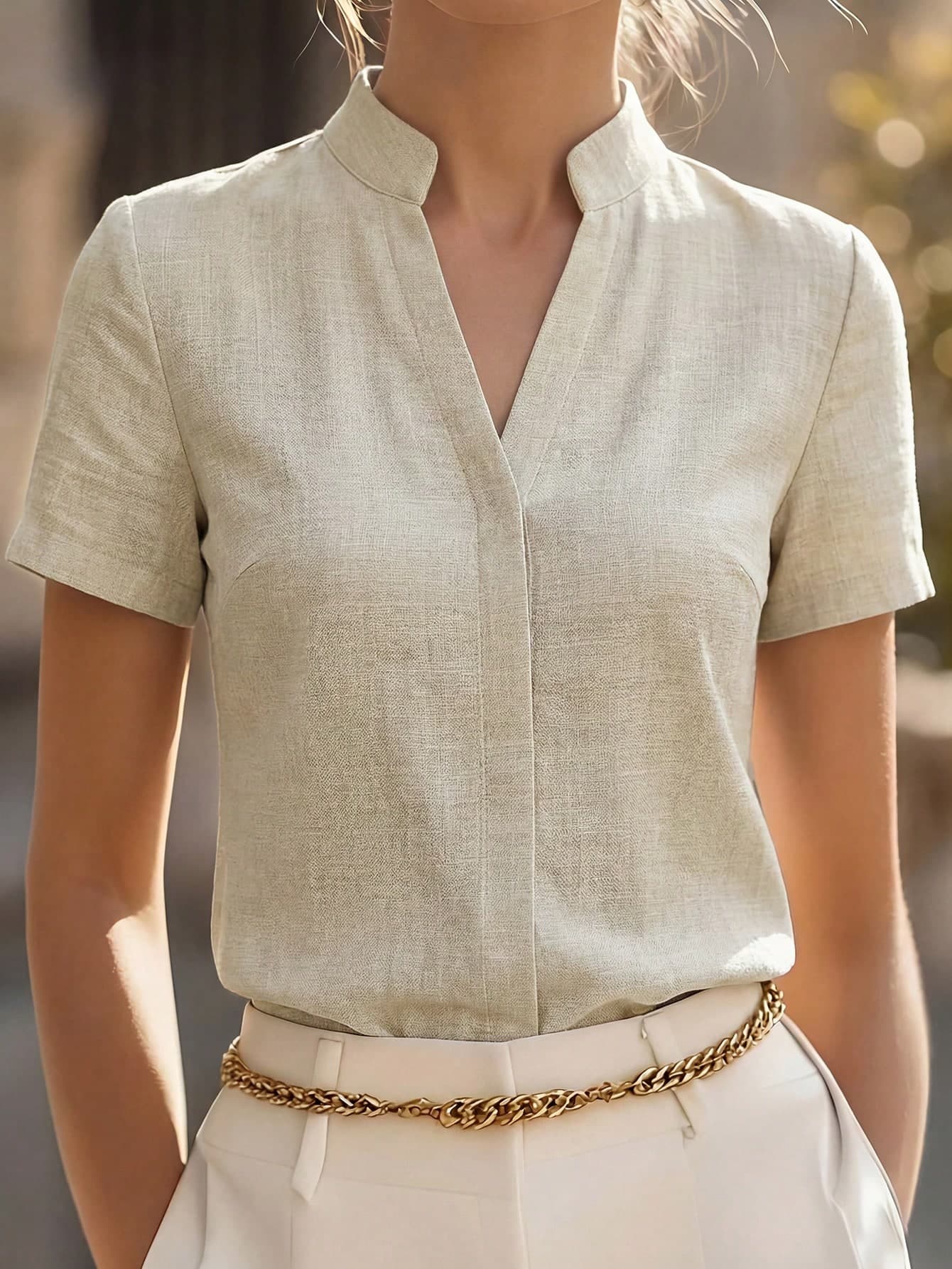 Editum Women's Light Beige V-Neck Cap Sleeve Linen Shirt,Summer Elegant Office Blouse,Minimalist Casual Chic Classy Formal Attire For Work Business Tops