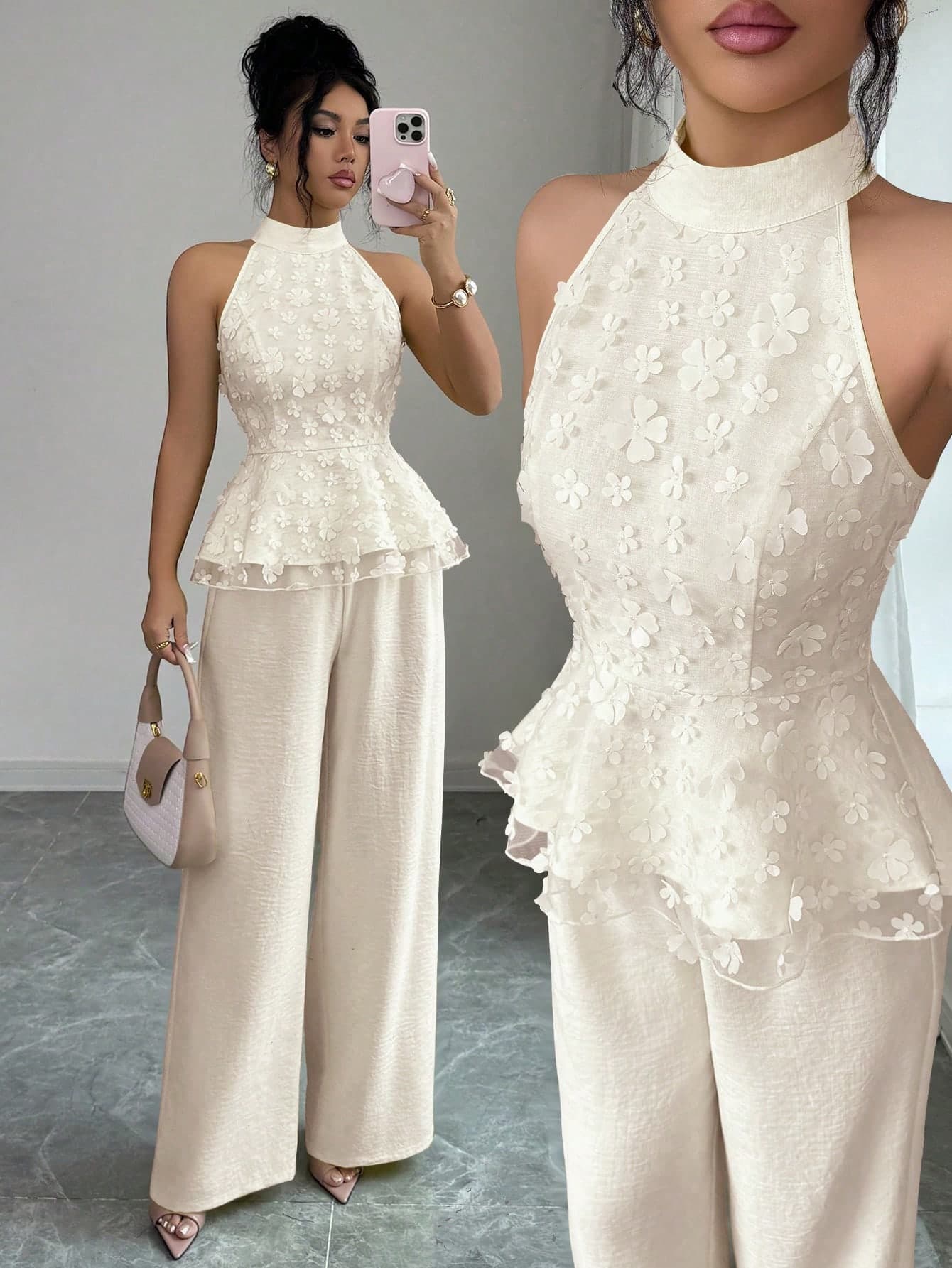 Elenzga Women's Cream White Elegant Party 2-Piece Set,Summer Ruffled Collar Textured Floral Mesh Sleeveless Top&Elastic Waist Straight Leg Pants Vacation Set